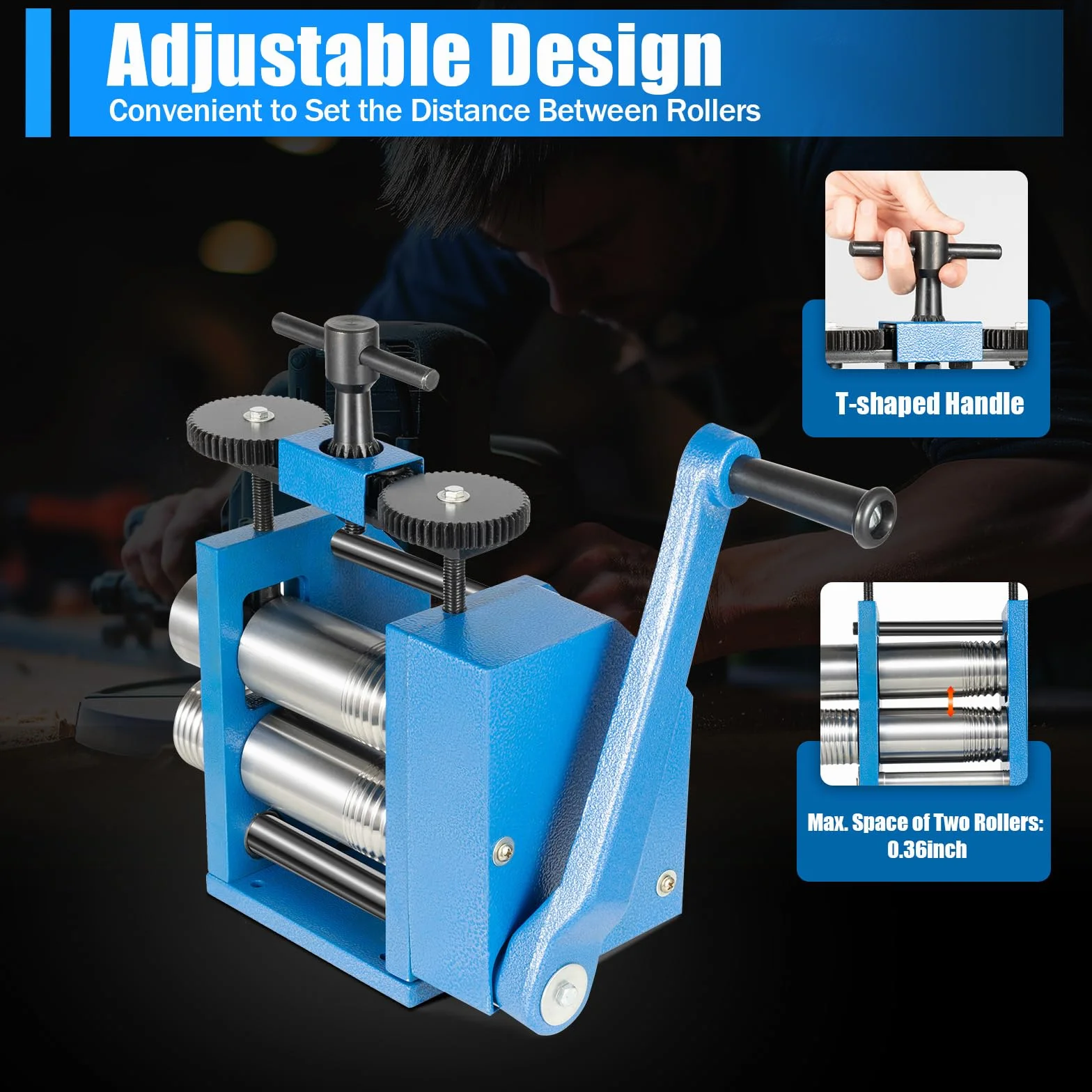 Rullo manuale 3 in 1, 75 mm, rullo combinato, rullo manuale, rullo per gioielli, spessore regolabile 0,03 – 6,5 mm, per platino/K oro/ottone/alluminio