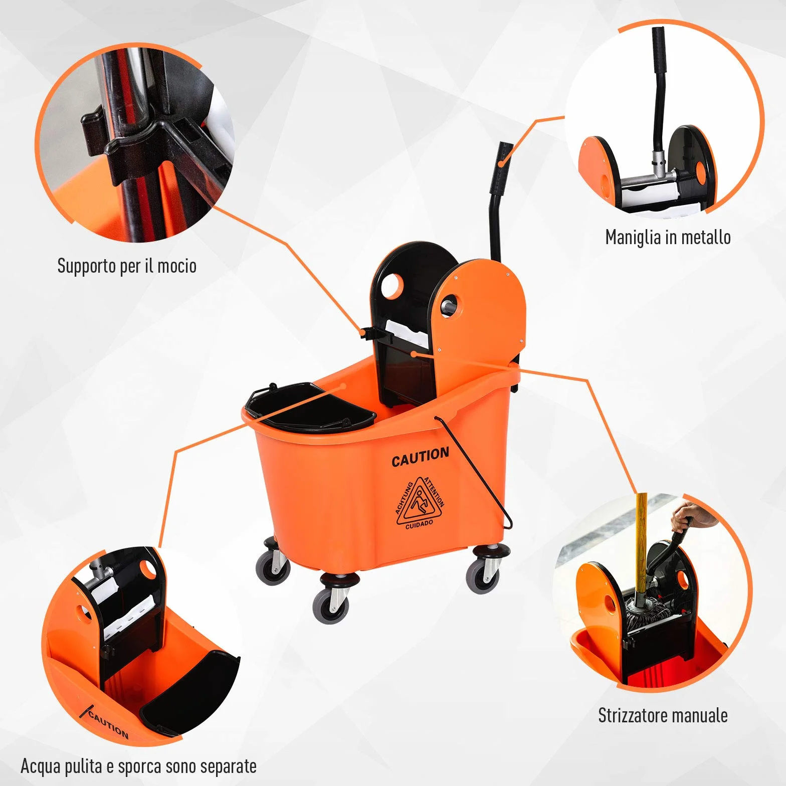 HOMCOM Secchio per Mocio Professionale 36L, Carrello Lavapavimenti con Strizzatore Manuale e 2 Secchi, Arancione e Nero