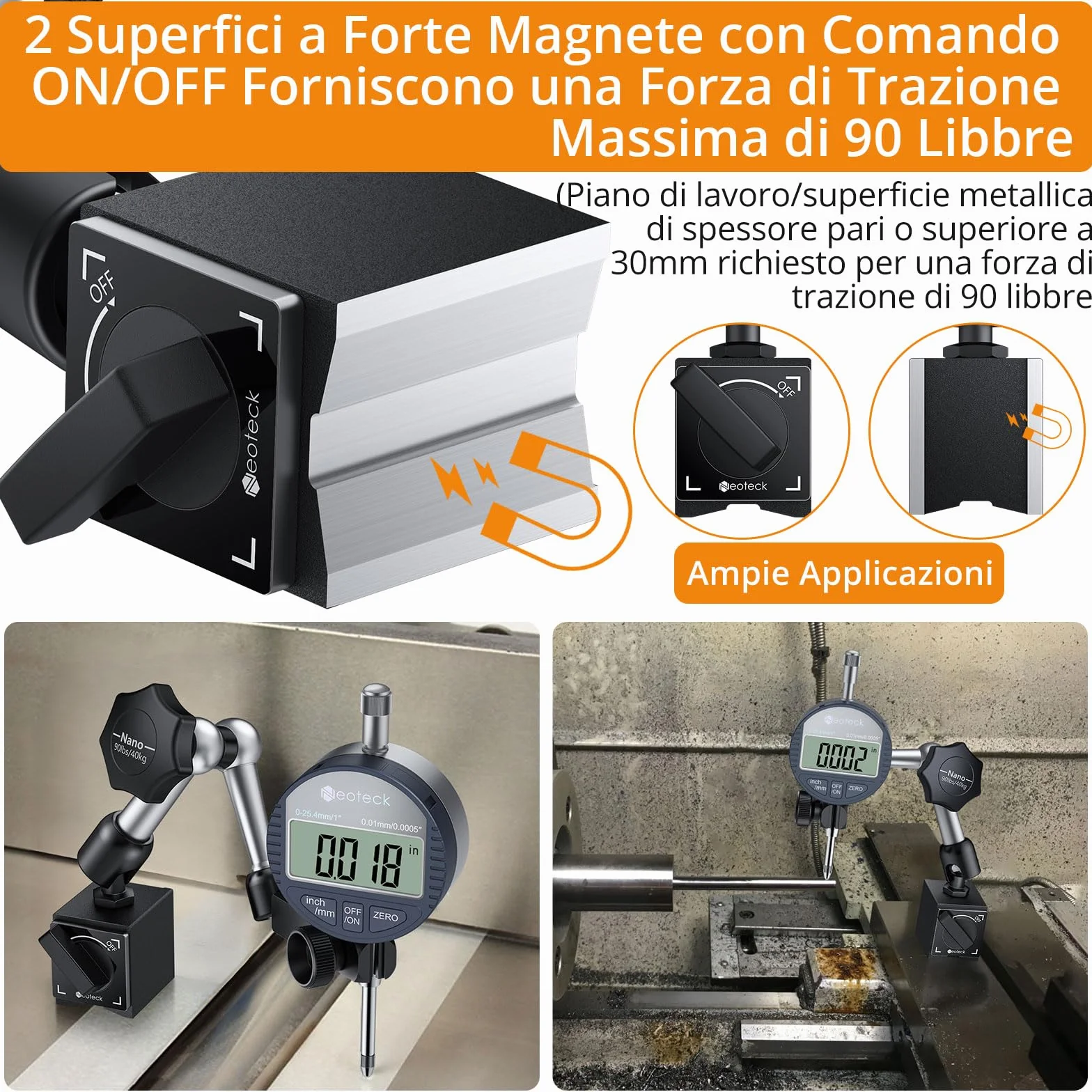 Neoteck 0-25.4mm Comparatore Centesimale con Base Magnetica 90lbs(40kg) Indidatore Elettronico dell'indicatore Digitale a Quadrante 0.01 mm (0.0005") con Braccio Flessibile Conversione mm/pollici