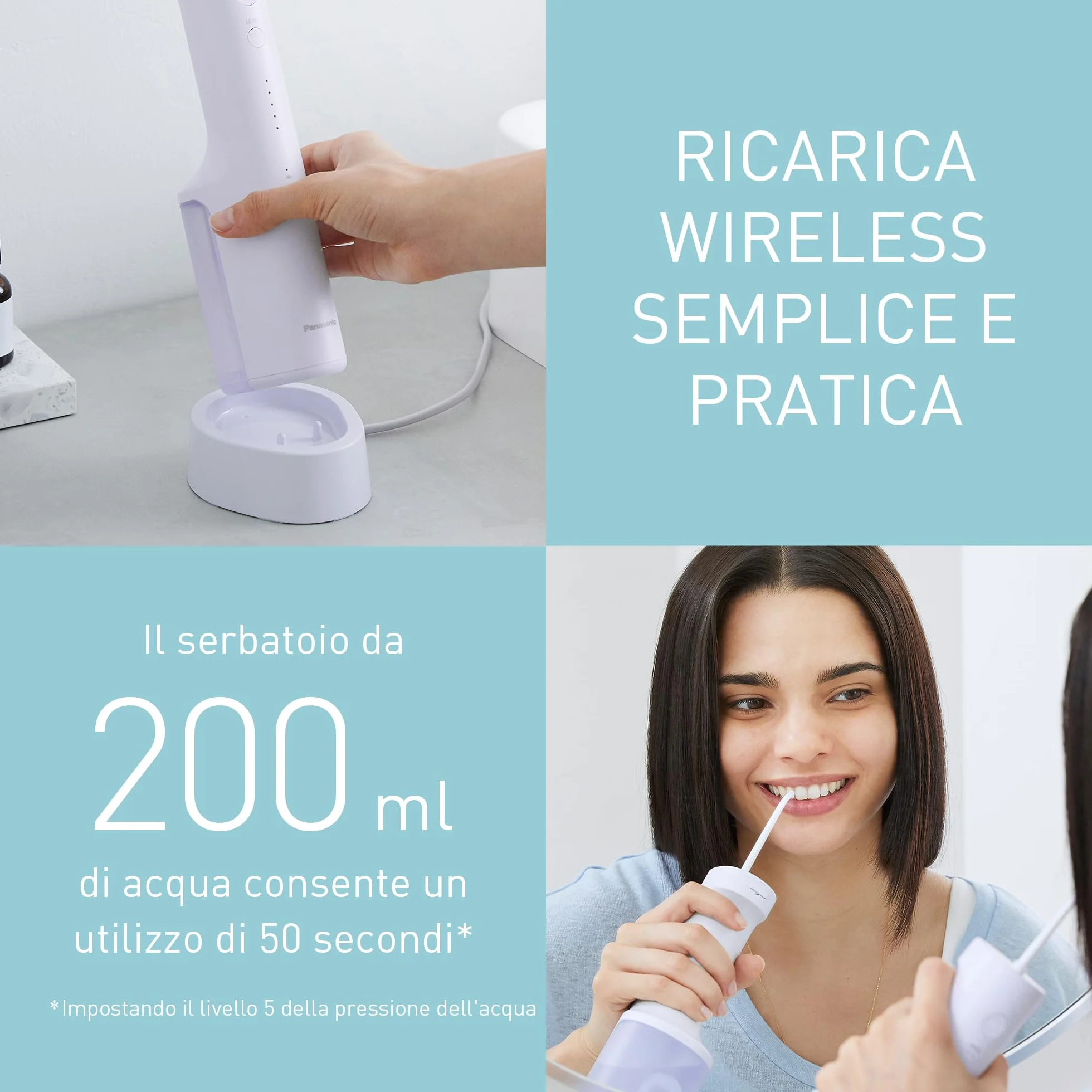 Panasonic Serie 300 Irrigatore Orale EW-DJ26-V303, Idropulsore dentale, 200ml, IPX7, 2 Ugelli Standard, 5 Impostazioni di Pressione, Accessorio da Viaggio, Viola