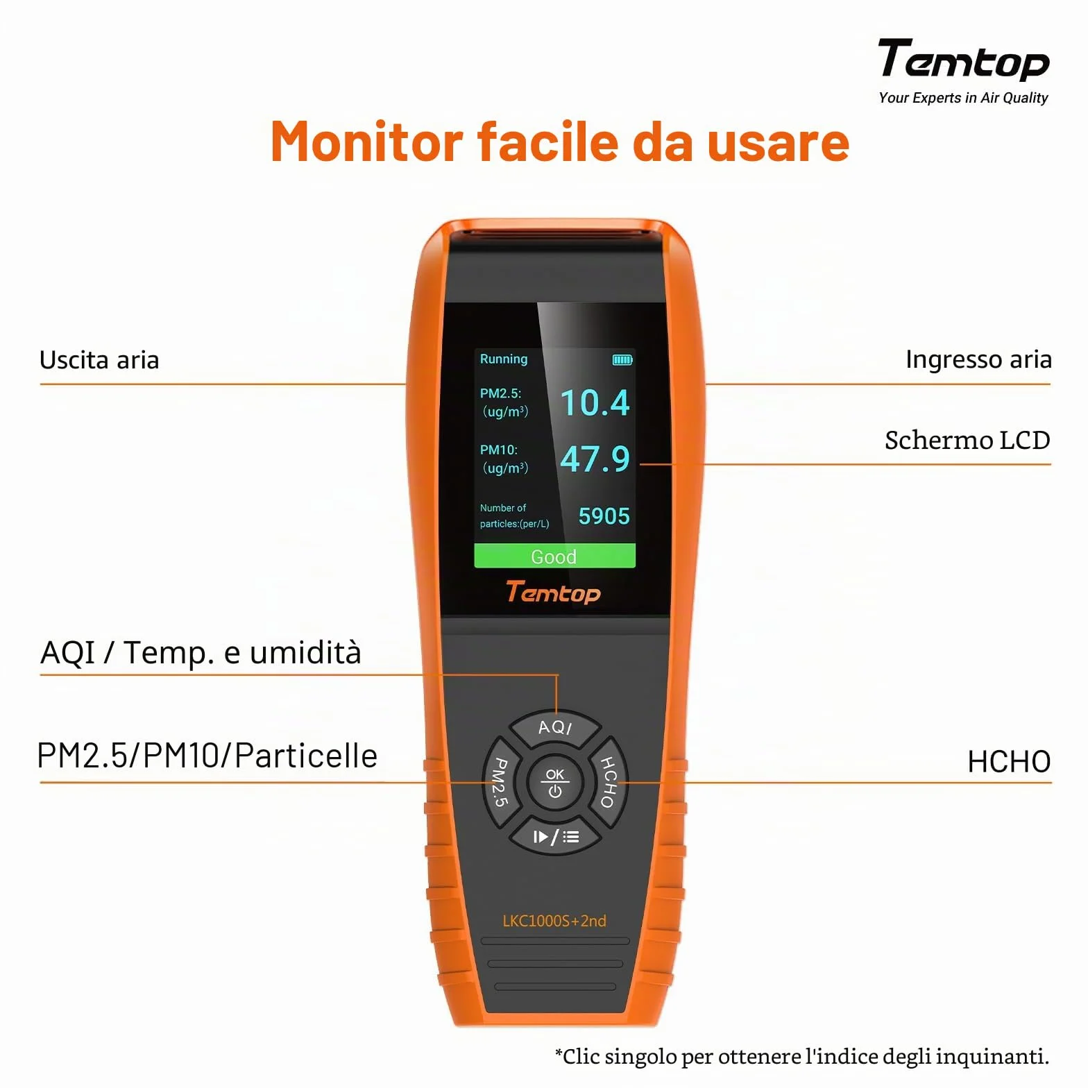 Temtop LKC-1000S+ 2ND Rilevatore di Qualità dell'Aria Monitor Formaldeide HCHO PM2.5 PM10 TVOC