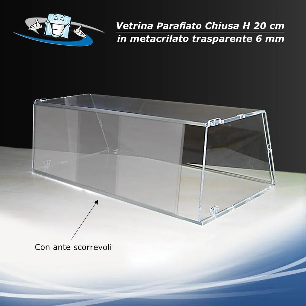Vetrina da banco in plexiglass trasparente per alimenti H 20 cm aperta o chiusa su 3 lati disponibile con o senza sportello