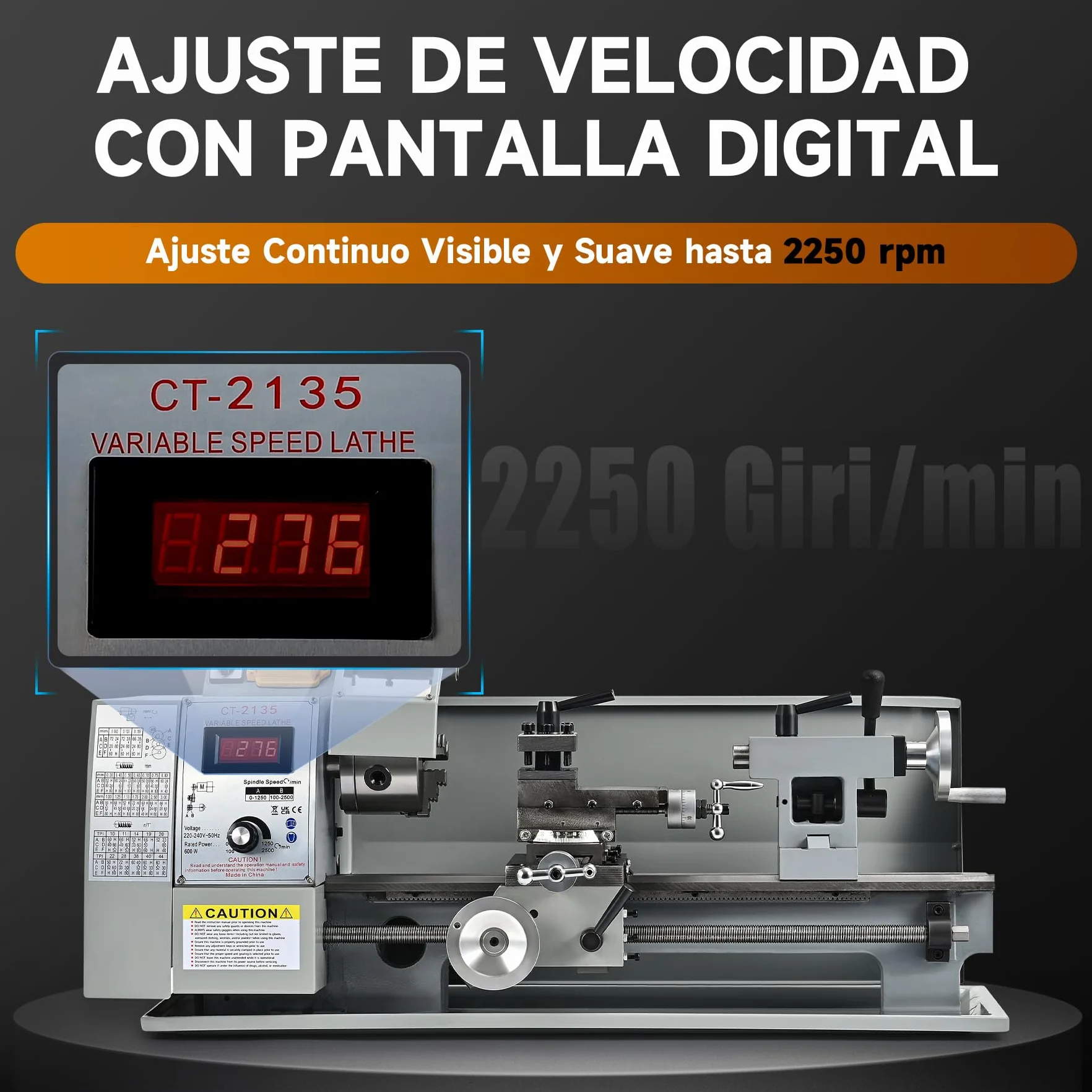 CREWORKS Mini Tornio per Metallo 210 x 350 mm 600W con Schermo Digitale per Metallo da Tavolo con Velocità Variabile 2500 giri/min per Tornitura di Metallo (210 x 350 mm)