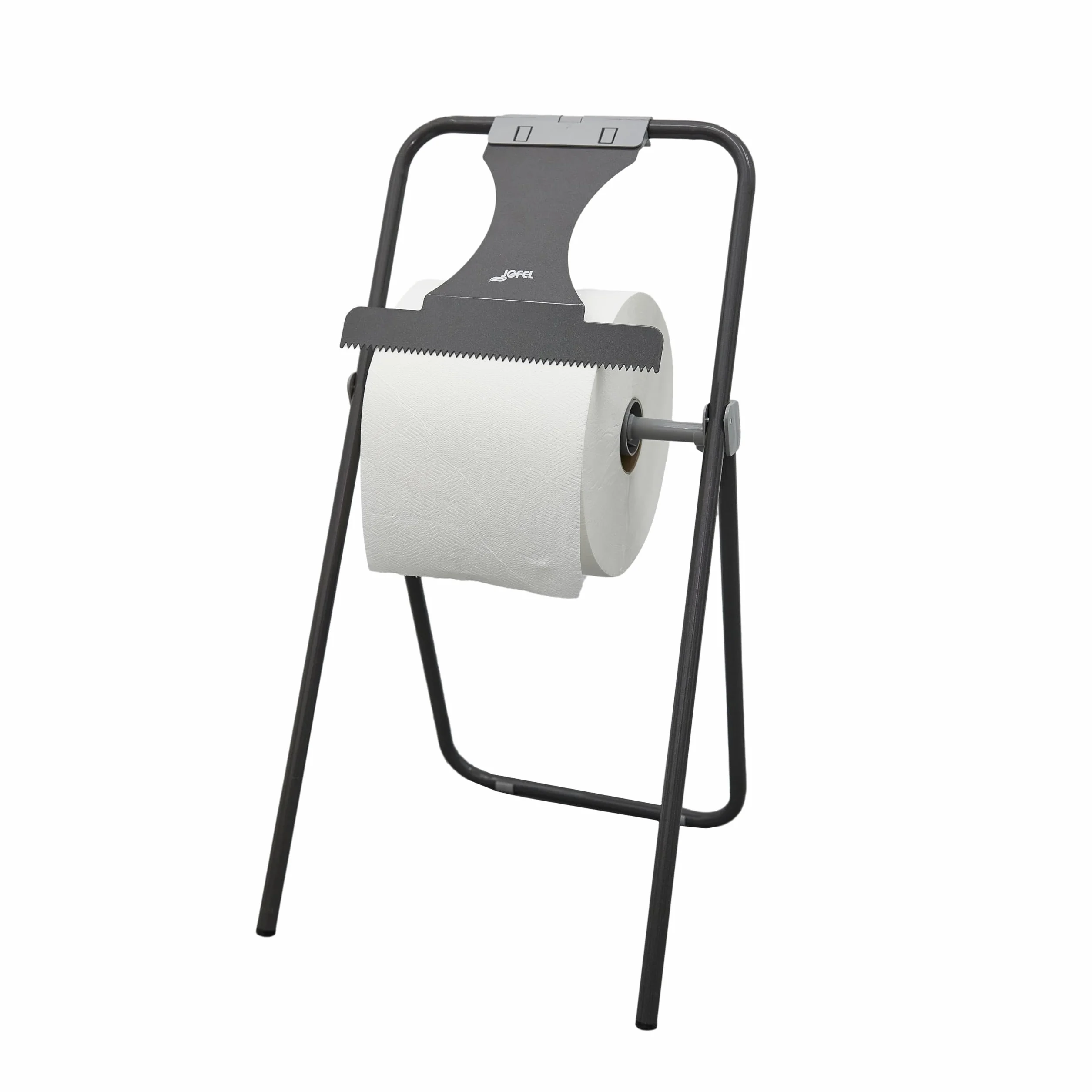 Jofel Portarotolo pieghevole da pavimento, distributore carta industriale taglio frontale, Heavy Duty, tubo acciaio 20 mm, rotoli 500 m