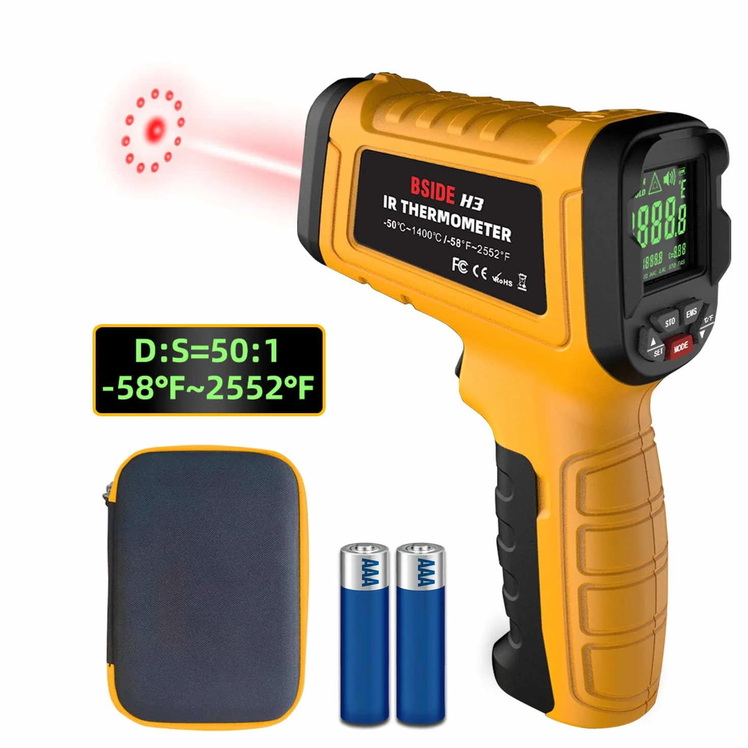BSIDE H3 Termometro Infrarossi -58℉~2552℉ (-50℃~1400℃) 50:1 Pirometro Digitale con LCD a Colori Memoria Allarme Pistola Laser Temperatura