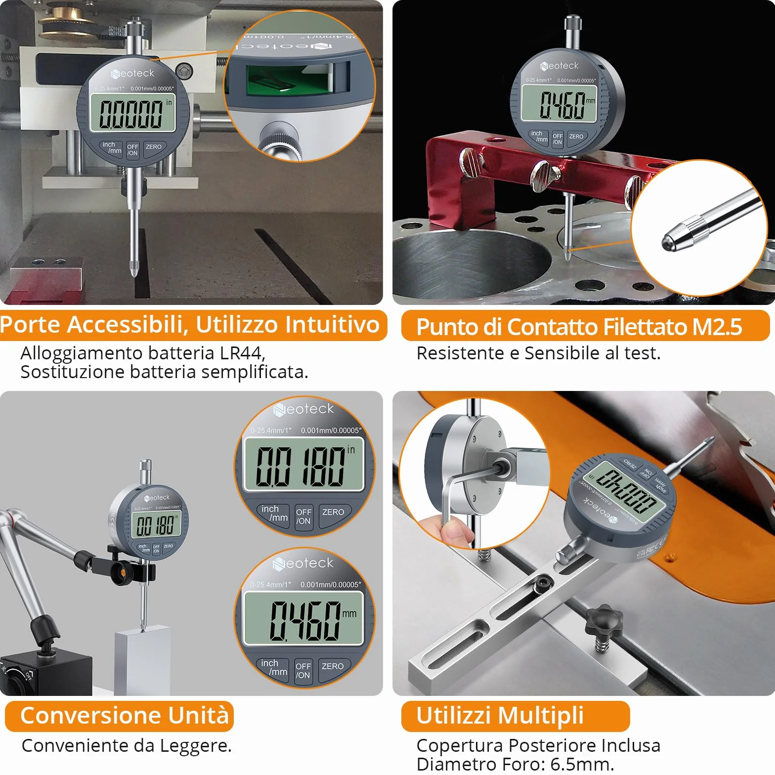 Neoteck Comparatore Digitale Millesimale 0–25.4mm – Indicatore di Precisione 0.001mm con Display LCD, Funzione Zero, Comparatore Millesimale con Conversione mm/pollici per CNC Tornio Officina