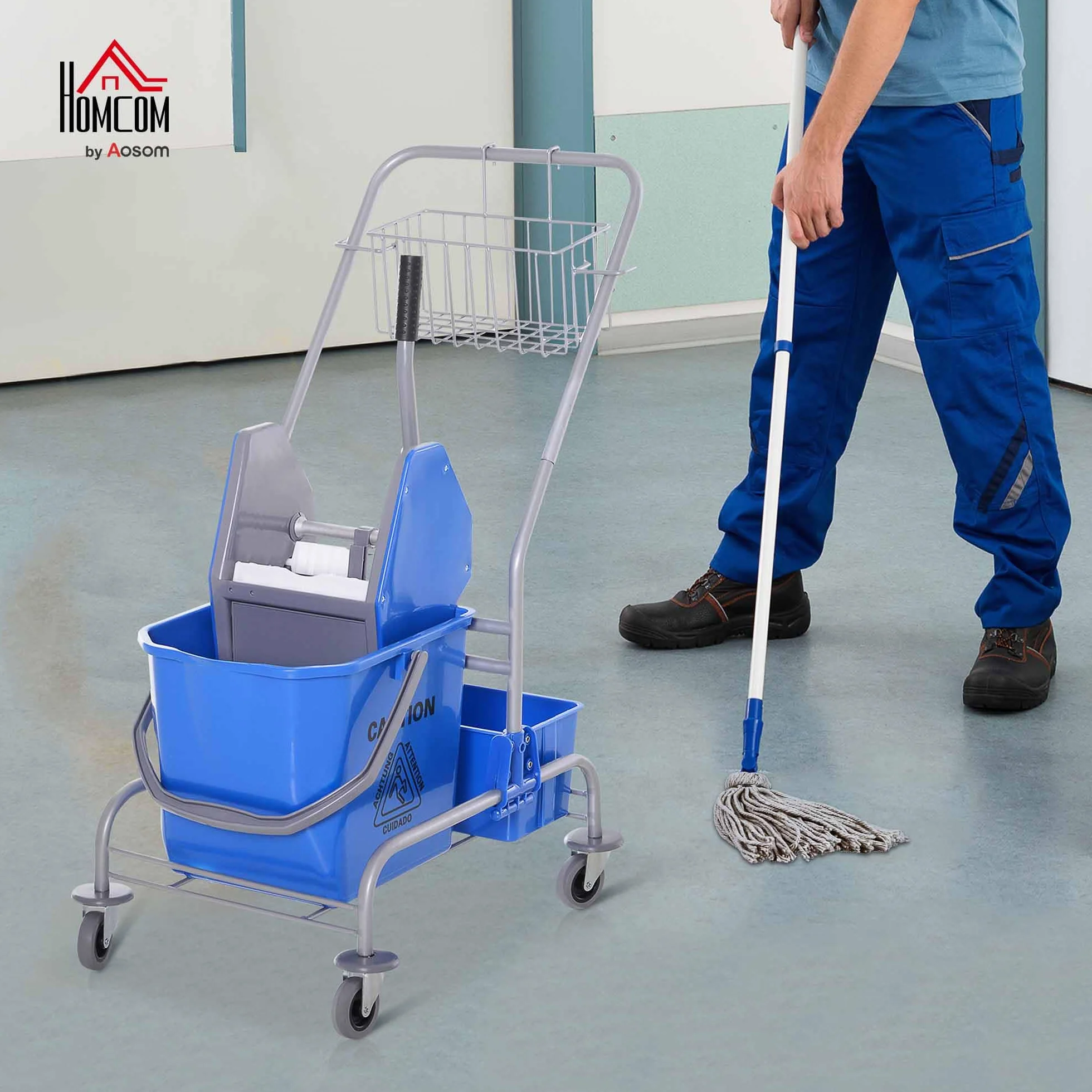 HOMCOM Carrello Pulizie Professionale 72x49.5x95 cm Blu Secchio Lavapavimenti 25L con Strizzatore Cesto Sospeso Ripiano Gancio Multiuso