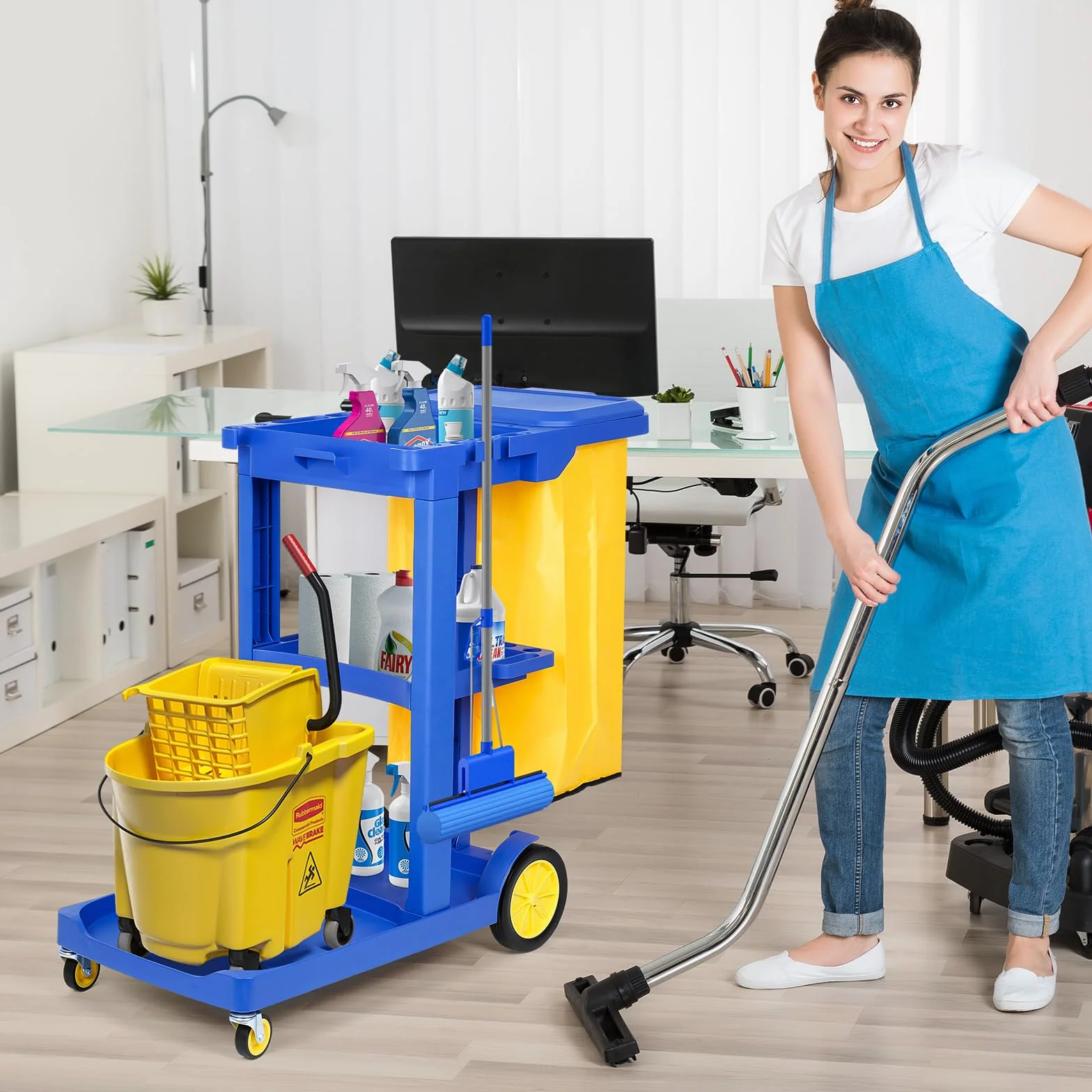 bimiti Carrello per la pulizia 65 l 83 x 46 x 90 cm 3 livelli 4 ruote