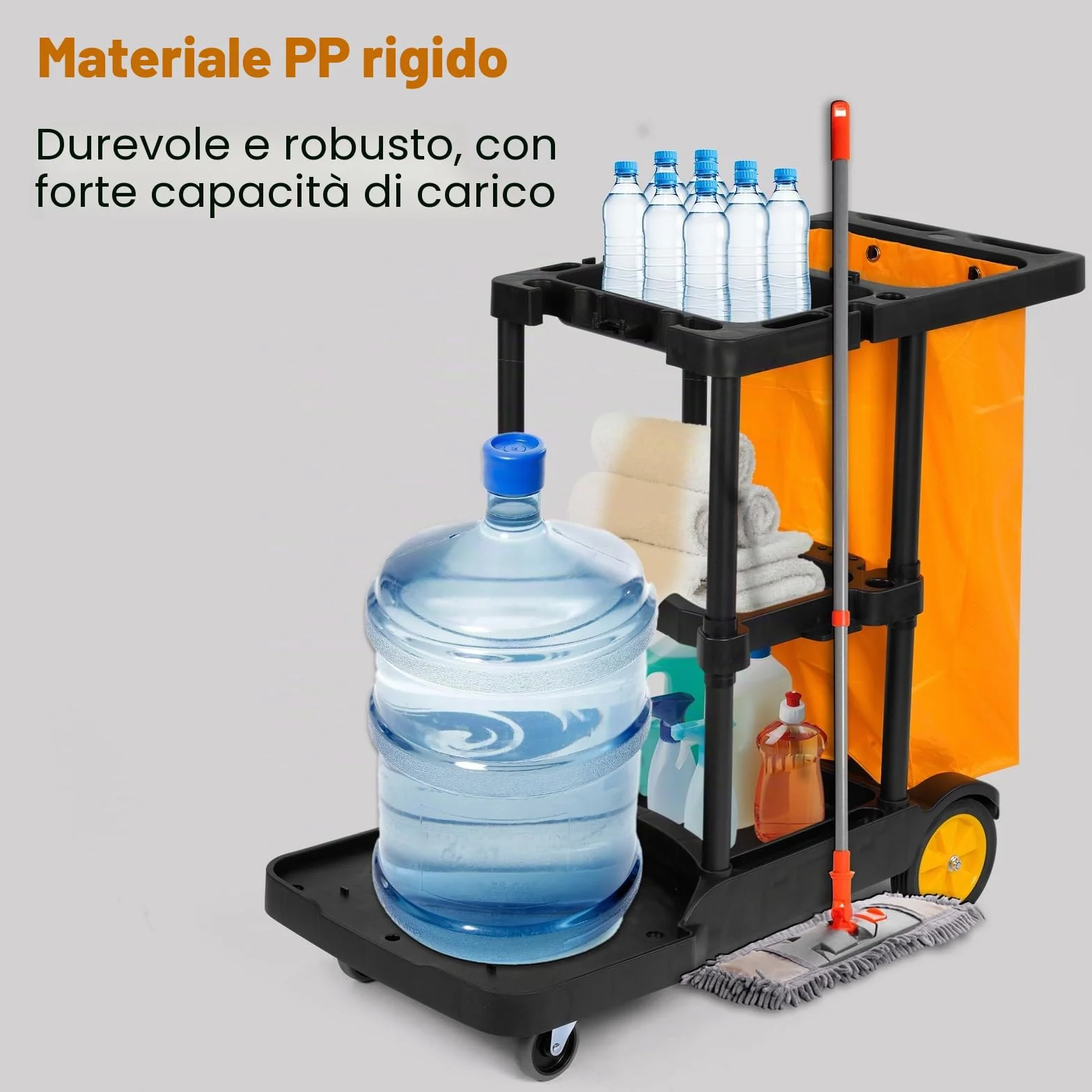 Bimiti Carrello per la pulizia professionale 113x56x93 cm 3 ripiani sacco da 65 L giallo nero