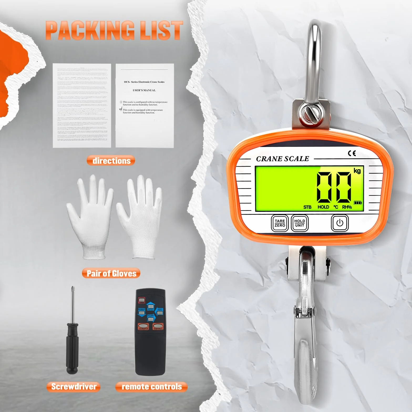 Bilancia sospesa 2000kg/4400lbs con telecomando elettronica per gru digitale LCD arancione