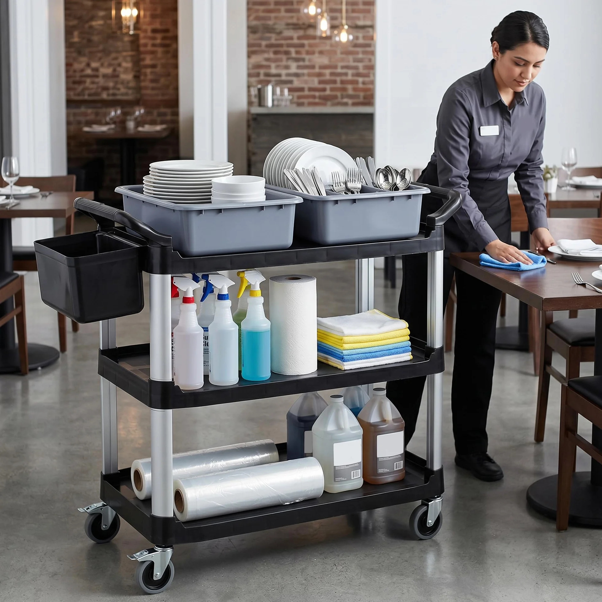 HOMCOM Carrello Pulizie Professionale 3 Ripiani Metallo Plastica 2 Contenitori Rimovibili Secchio Sospeso 4 Ruote Capacità 100kg 115x50x100 cm Nero