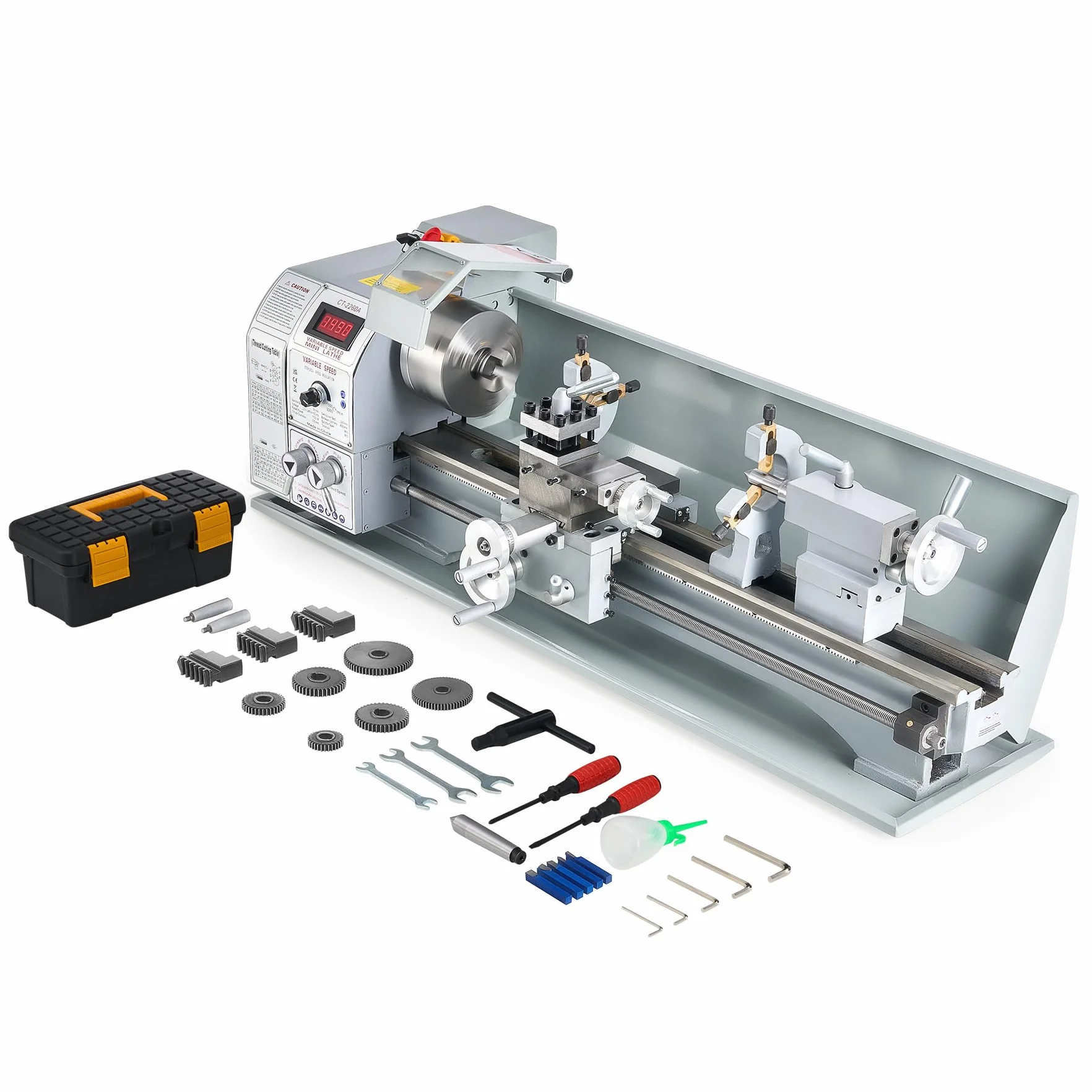 CREWORKS 1100W Tornio per Metallo 220 x 600 MM a Velocità Variabile 0-3000rpm con Mandrino a 3 Griffe e Display LCD per Filettatura, Tornitura, Foratura, Lucidatura