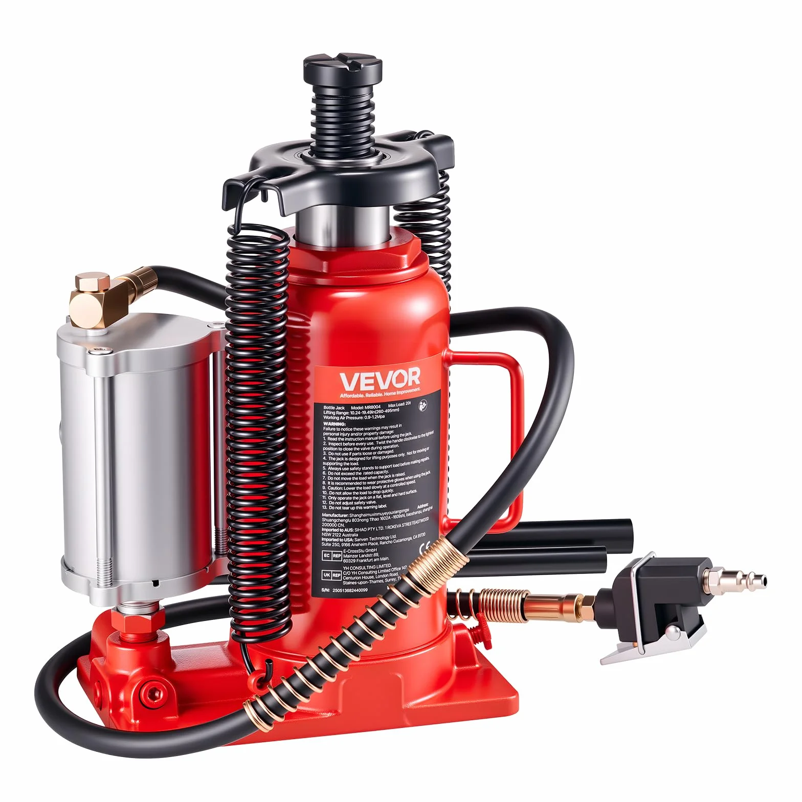 VEVOR Cric a Bottiglia Pneumatico Idraulico da 20 Tonnellate Intervallo di Sollevamento da 260 a 495 mm, Martinetto a Bottiglia Pneumatico Manuale con Pompa per Auto, Camion, SUV