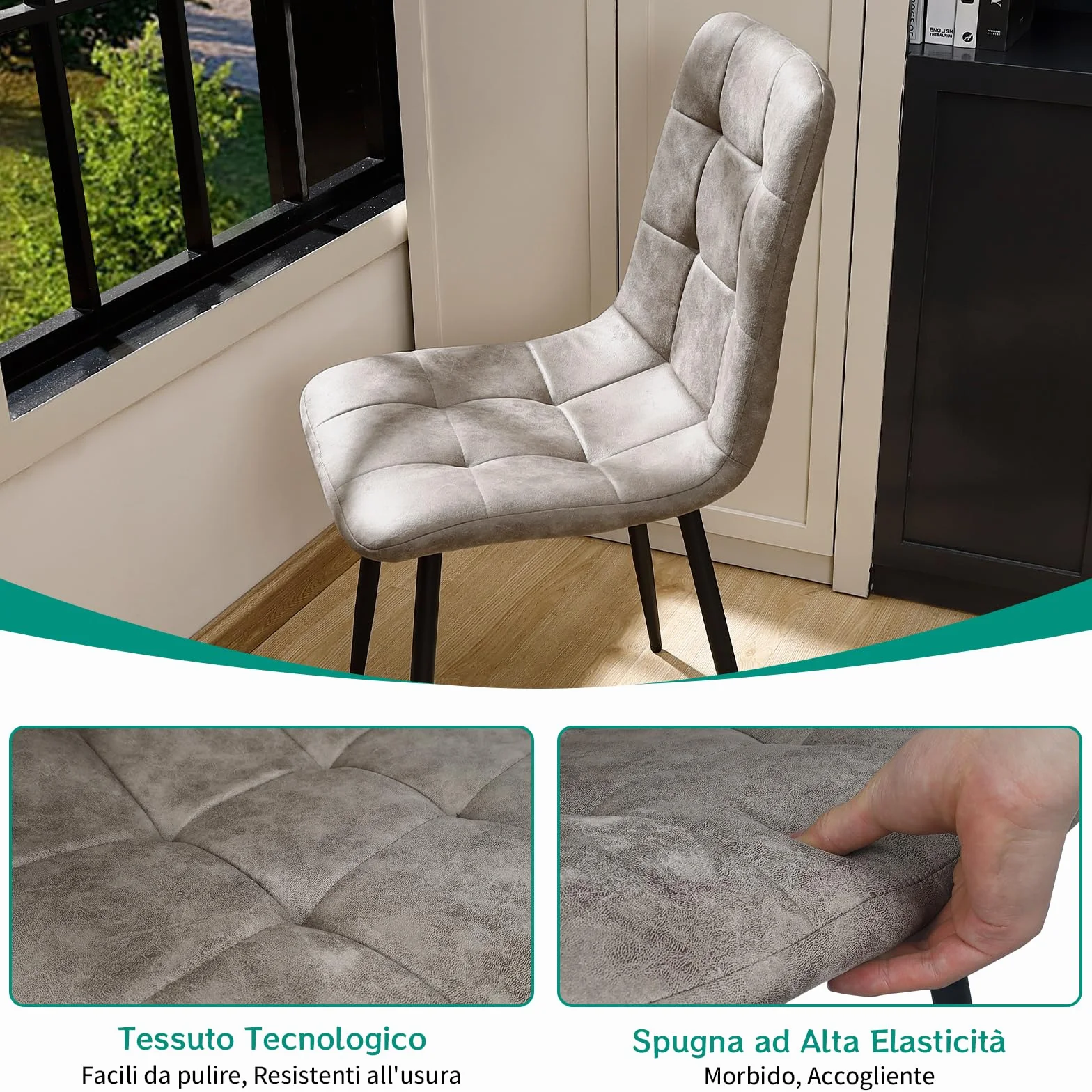 JIJIAN Set di 6 Sedie Sala da Pranzo in Tessuto Tecnologico, Gambe in Metallo Nero, Cachi