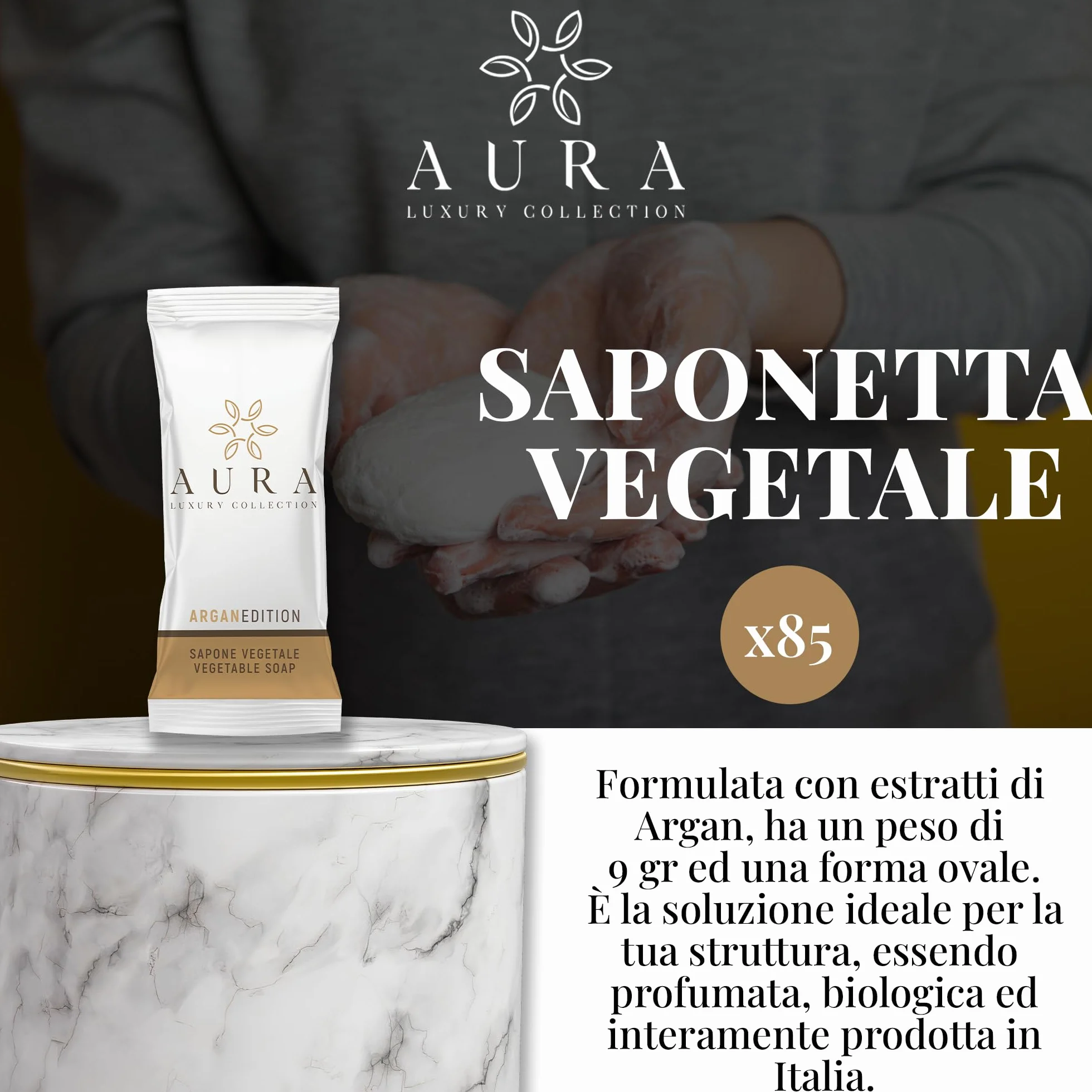 Aura Luxury Collection Kit cortesia bagno 295 pezzi: bustine doccia shampoo 10 ml, flaconi igiene intima 20 ml, cuffie monouso, saponette 9 gr