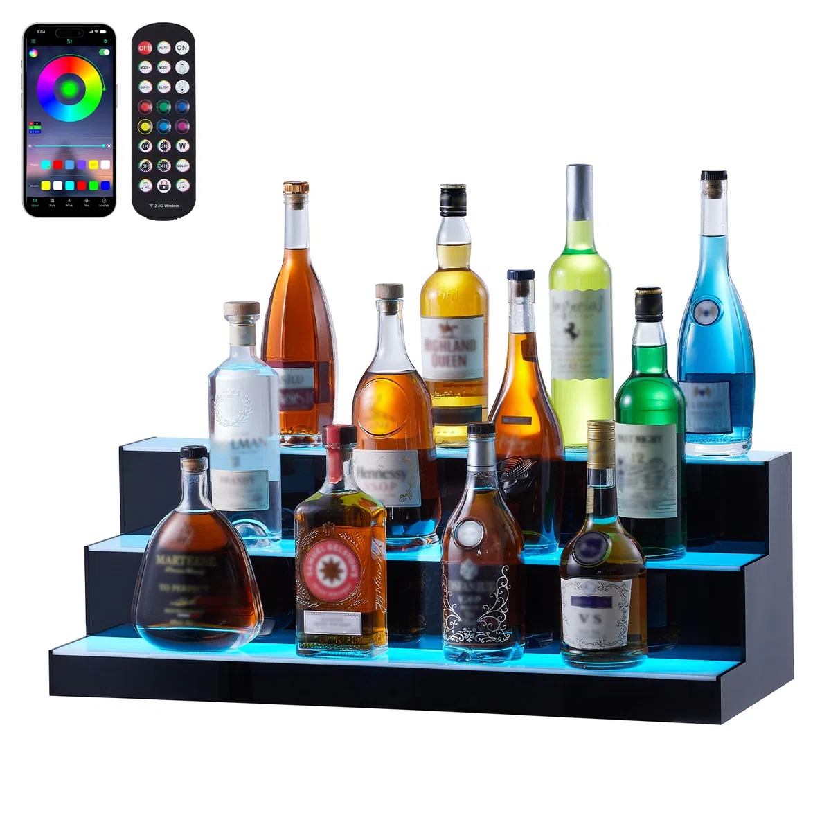 VEVOR Scaffale Portabottiglie di Vino da Bar, Scaffale da Bar Illuminato a LED Telecomando RF Controllo APP, Scaffale Illuminazione per Bevande in Acrilico 3 Ripiani, Portabottiglie 762x300x250mm
