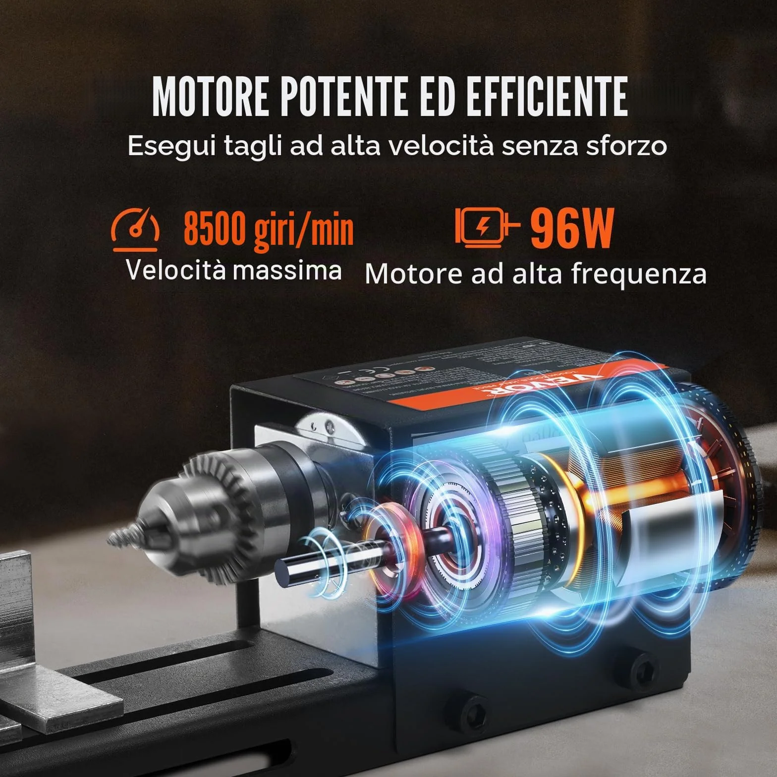 VEVOR Mini Tornio per Legno 96W Utensili Tornio Elettrico di Precisione 7 Velocità Regolabile 4220/5300/5650/6350/6660/7050/8450 giri/min Fresatrice Lavorazione del Legno Fai-da-Te Accessori Completi