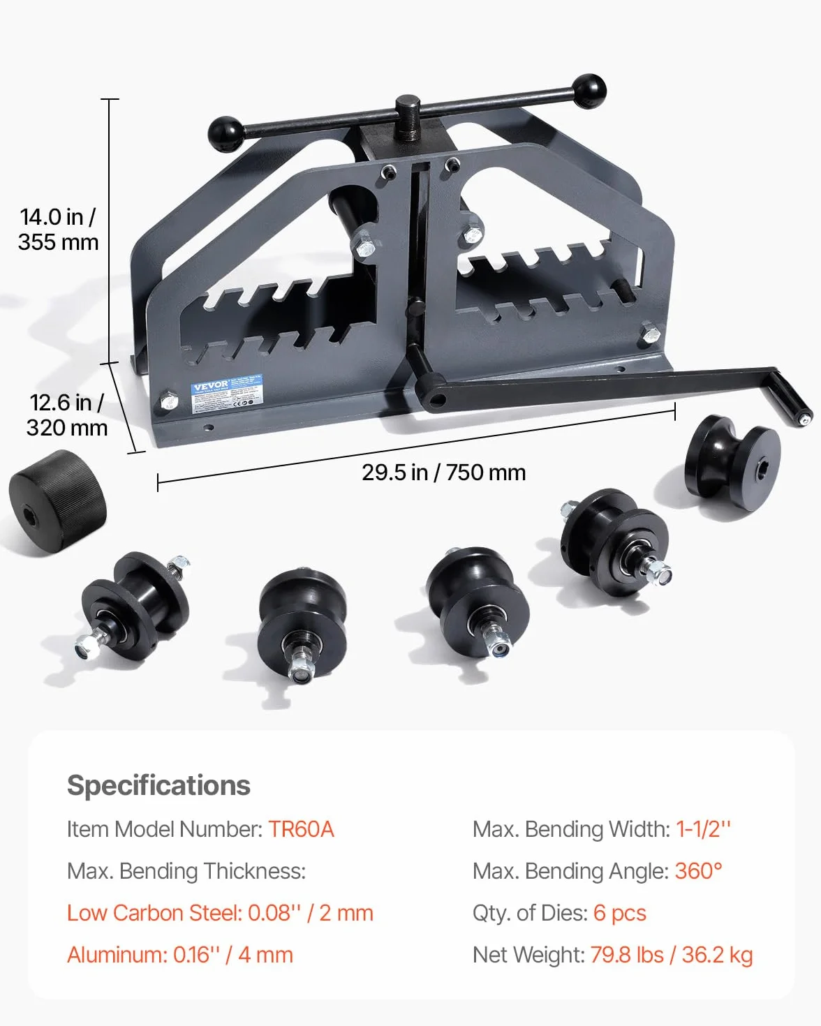 VEVOR Piegatubi a Rulli per Tubi 38,1 mm Manuale con 6 Matrici, Utensile per Piegare Tubi in Rame e Alluminio 360°