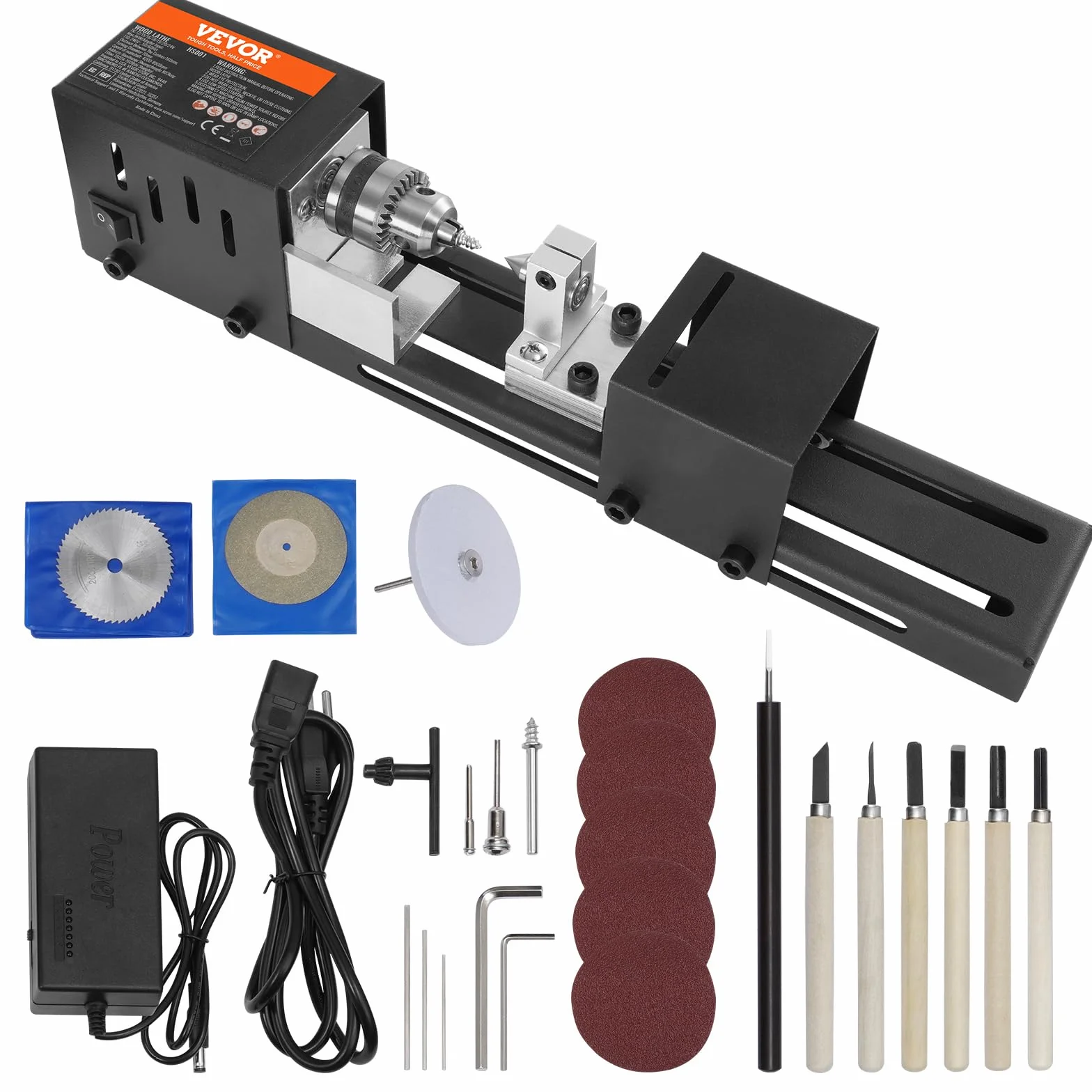 VEVOR Mini Tornio per Legno 96W Utensili Tornio Elettrico di Precisione 7 Velocità Regolabile 4220/5300/5650/6350/6660/7050/8450 giri/min Fresatrice Lavorazione del Legno Fai-da-Te Accessori Completi