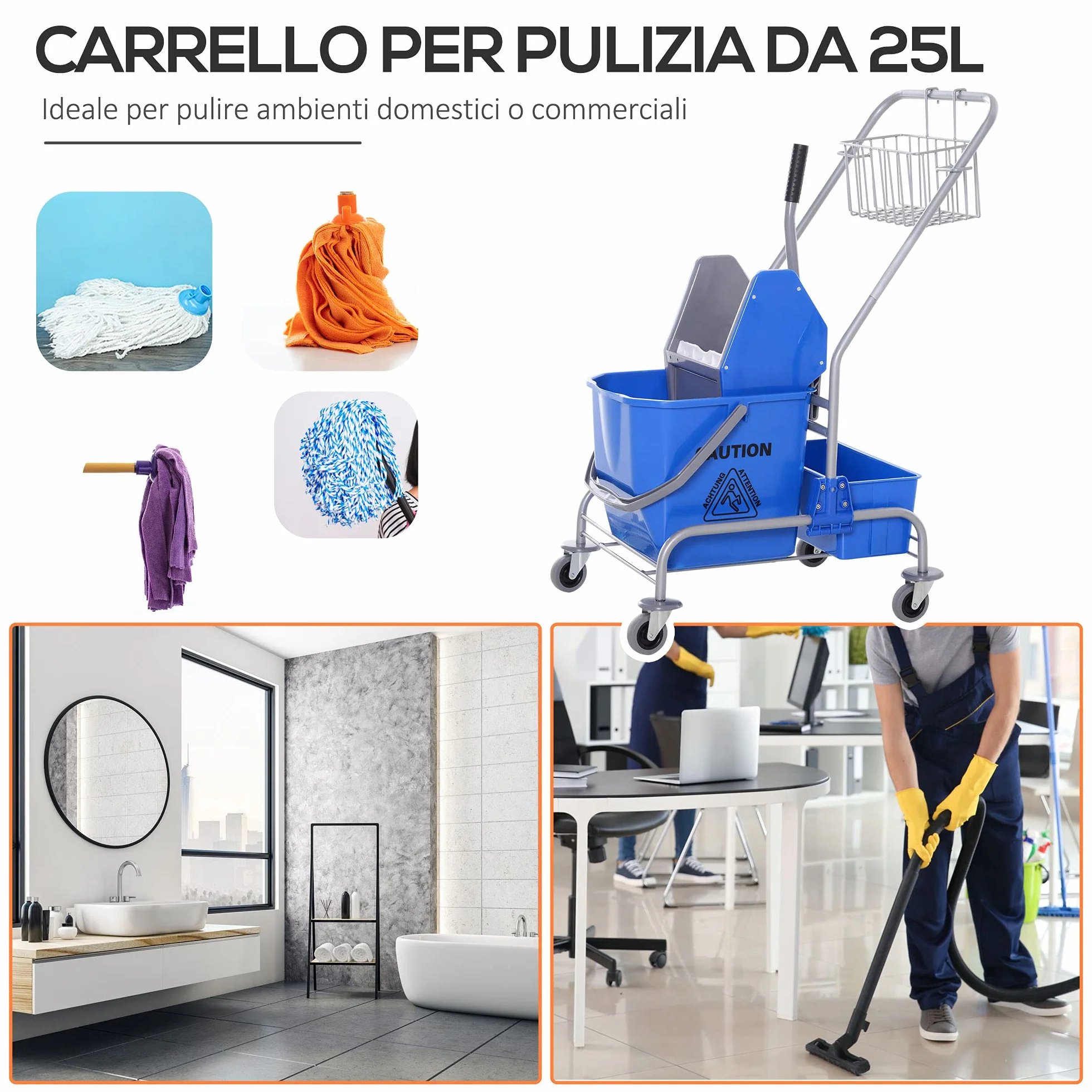 HOMCOM Carrello Pulizie Professionale 72x49.5x95 cm Blu Secchio Lavapavimenti 25L con Strizzatore Cesto Sospeso Ripiano Gancio Multiuso