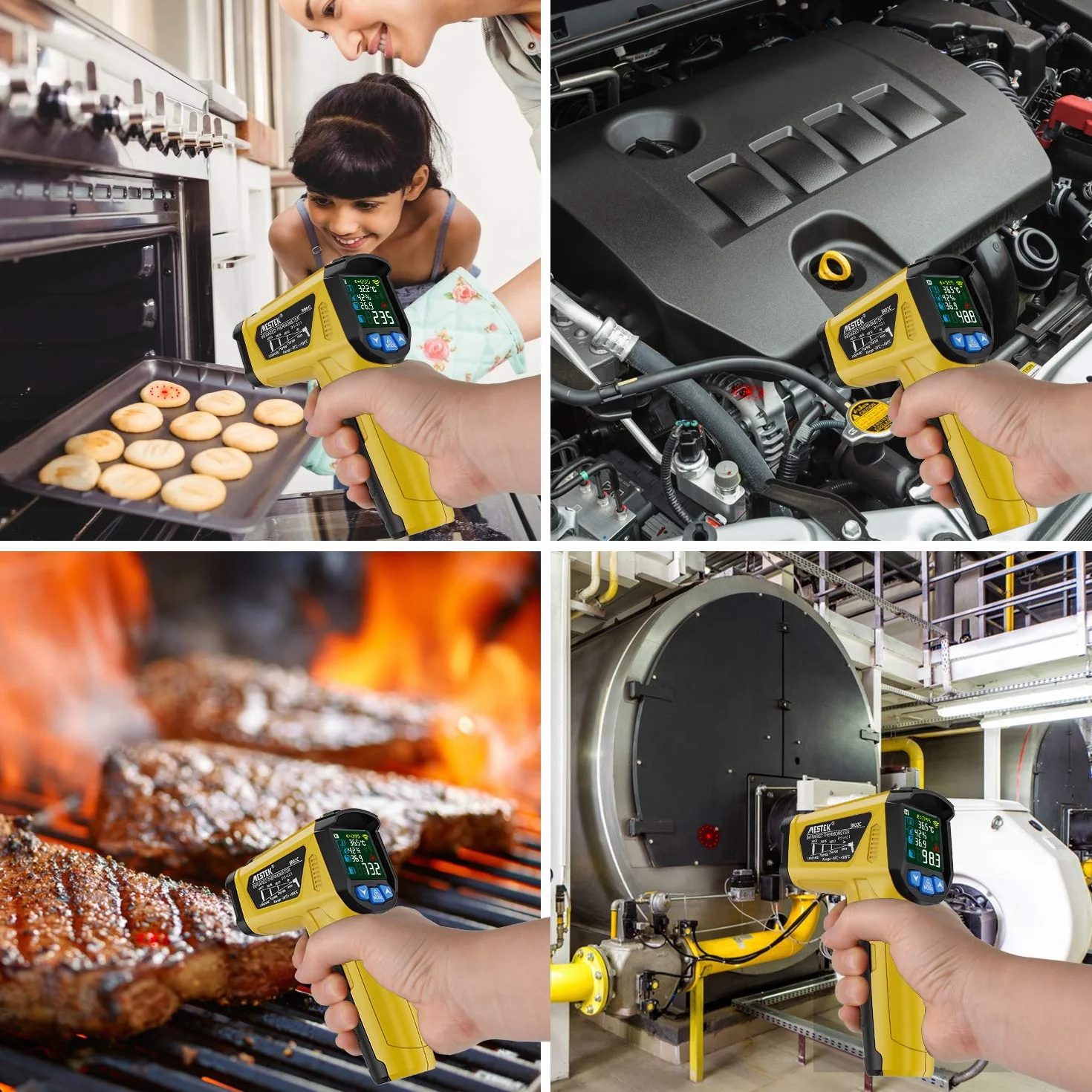 MESTEK Termometro Infrarossi Digitale Professionale -50°C~800°C con Sonda K Schermo LCD Colori Emissività Regolabile