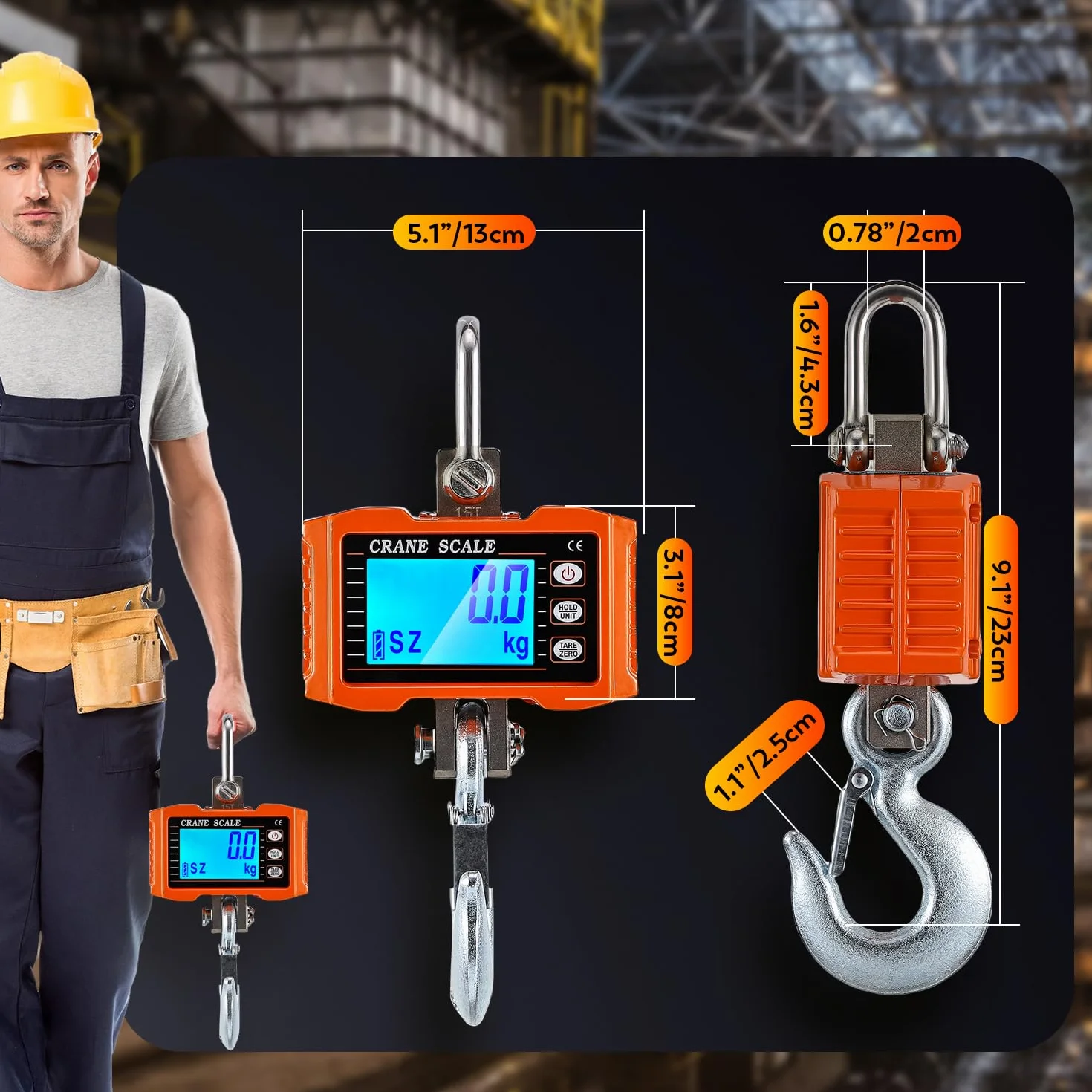 CGOLDENWALL Bilancia per Gru 2000kg, Industriale Sospesa a Gancio con Display LCD Retroilluminato