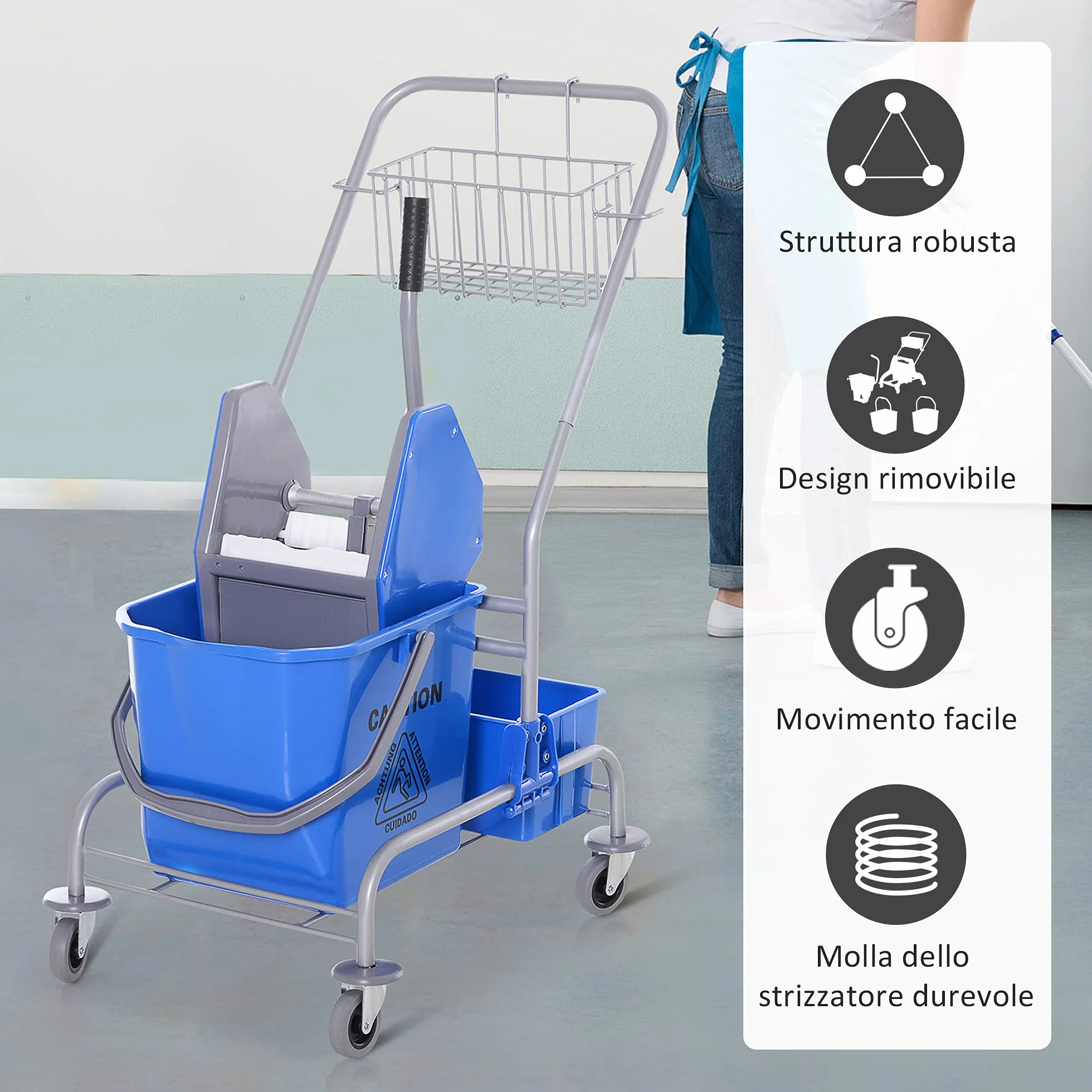 HOMCOM Carrello Pulizie Professionale 72x49.5x95 cm Blu Secchio Lavapavimenti 25L con Strizzatore Cesto Sospeso Ripiano Gancio Multiuso