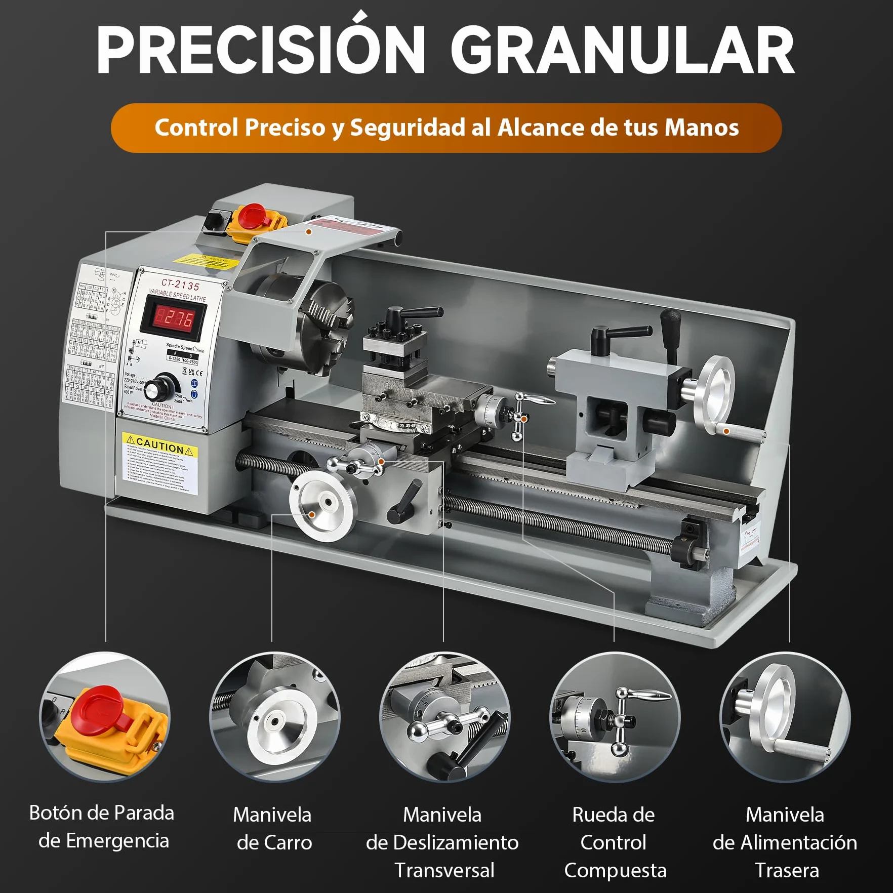 CREWORKS Mini Tornio per Metallo 210 x 350 mm 600W con Schermo Digitale per Metallo da Tavolo con Velocità Variabile 2500 giri/min per Tornitura di Metallo (210 x 350 mm)