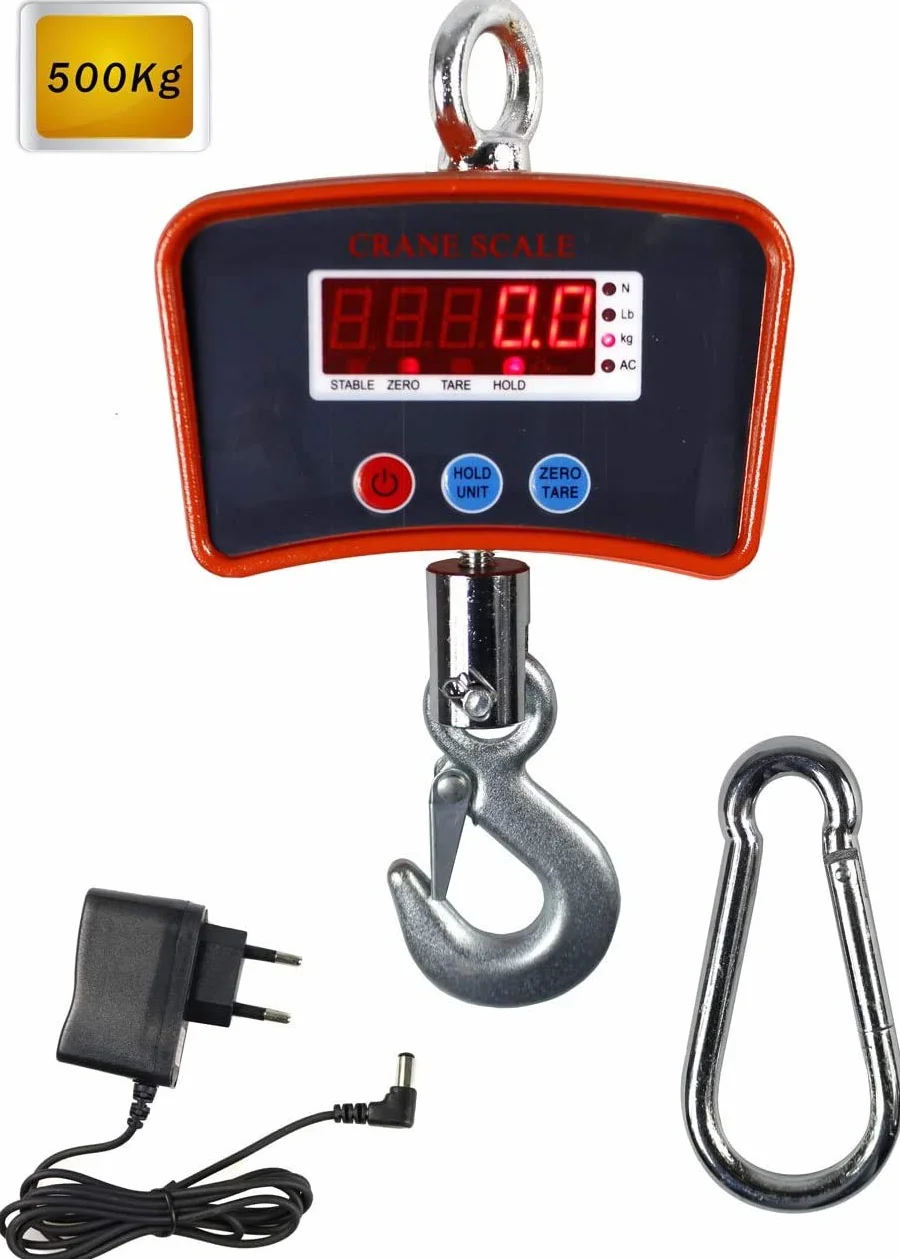 Vetrineinrete® Bilancia digitale 500 kg con gancio da gru in acciaio industriale peso capacità fino a 500kg con Display Lcd retroilluminato pesa bagagli valigia e per pesca