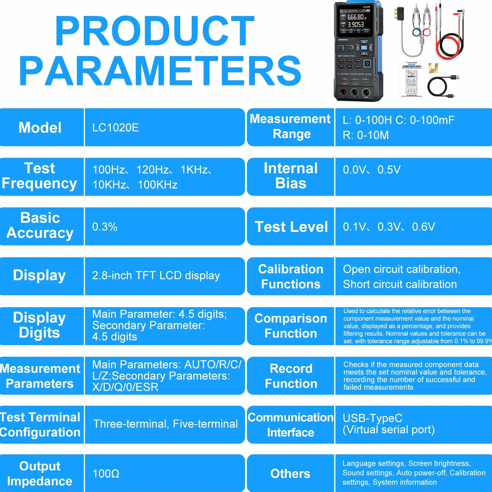 LC1020E Tester Digitale,LCR Meter Tester Digitale Portatile LCR Bridge Tester Condensatori Test di Capacità, Resistenza e Induttanza,Frequenza Regolabile da 100 Hz a 100 KHz, Blocco dati