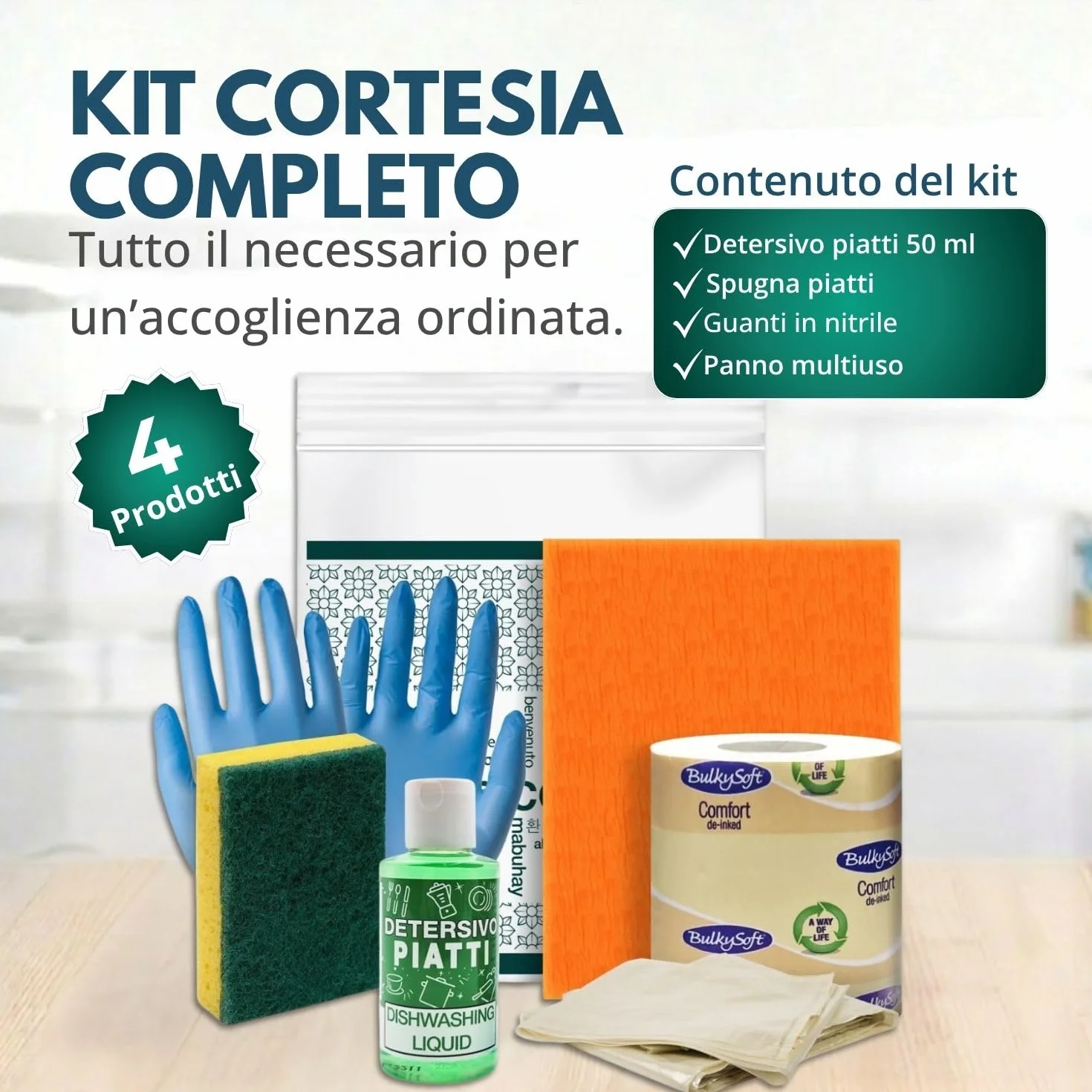 Kit cortesia Residence 015B, set pulizia cucina 4 pezzi per appartamenti, campeggi e B&B - (Cartone da 20 kit)