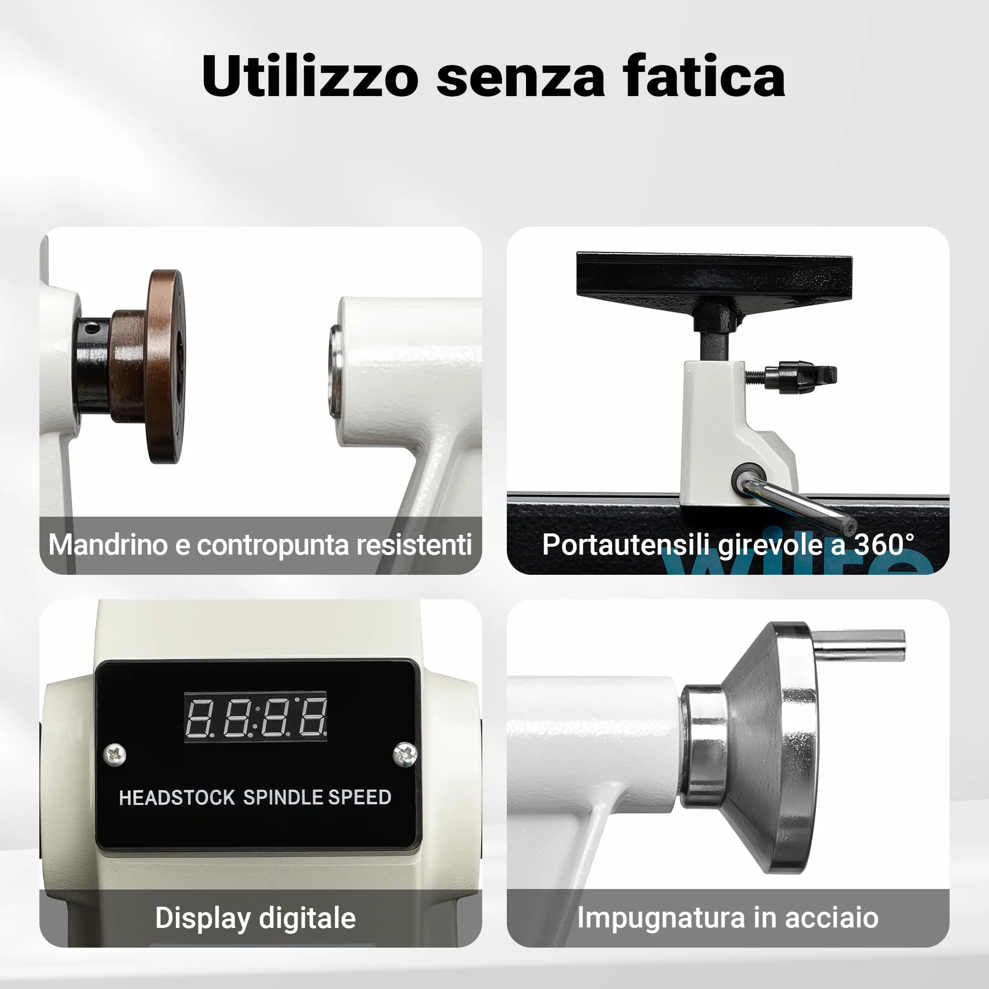 Wiltec Tornio per legno, 3 variazioni di velocità 50-1450, 1250-2800 e 2800–3800 rpm, Macchina da banco per tornitura