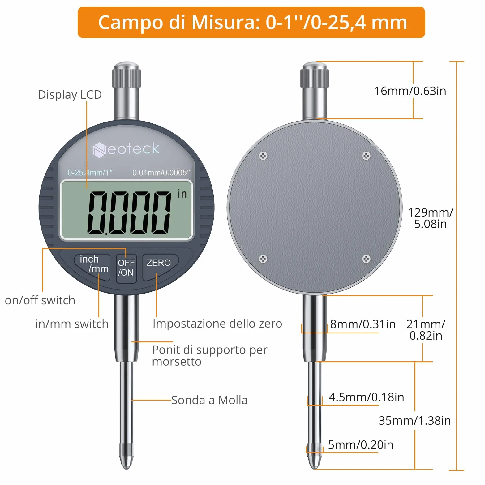 Neoteck 0-25.4mm Comparatore Centesimale con Base Magnetica 90lbs(40kg) Indidatore Elettronico dell'indicatore Digitale a Quadrante 0.01 mm (0.0005") con Braccio Flessibile Conversione mm/pollici