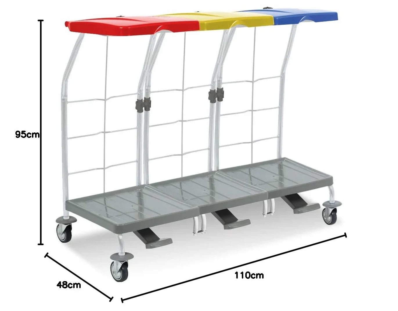 Carrello in Rilsan 3x70L Coperchio Blu-Rosso-Giallo Ruote con Paracolchi Set Pedale