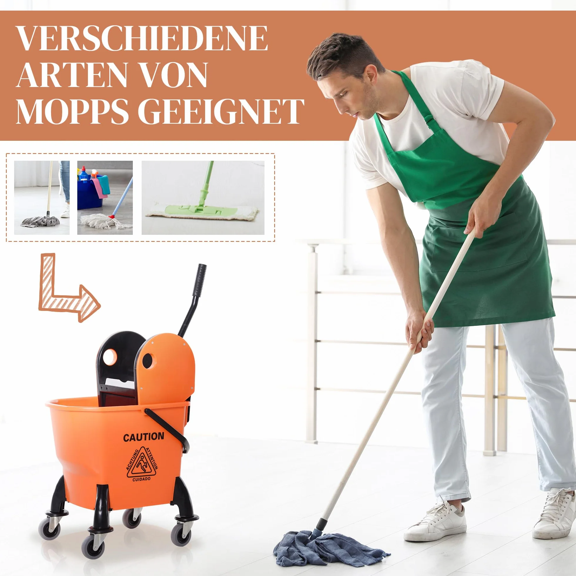 HOMCOM Carrello Pulizie Professionale 26L Strizzatore Rimovibile Ruote 44x36x90cm Arancione