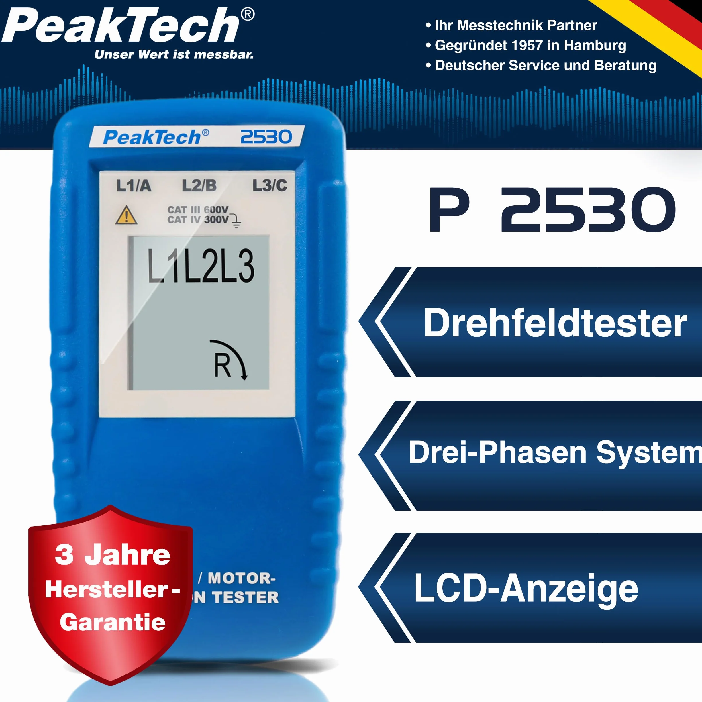 PeakTech P 2530 Indicatore di direzione trifase, tester di campo rotante con display LCD, 1 pezzo, strumento di misura elettrico per installazioni e manutenzione
