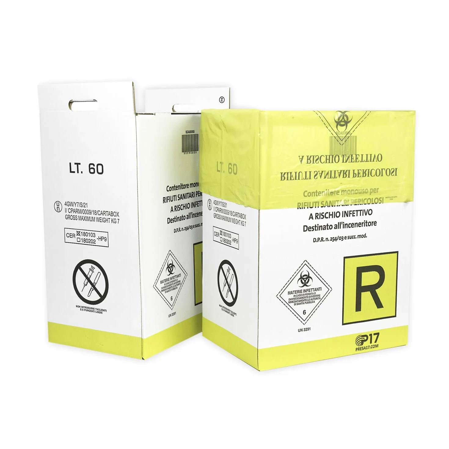 P17 | SET 10 Portarifiuti medicali | 60 L | Contenitore monouso per rifiuti Sanitari pericolosi a Rischio infettivo | Contenitore per dispositivi Medici, garze e rifiuti medicali