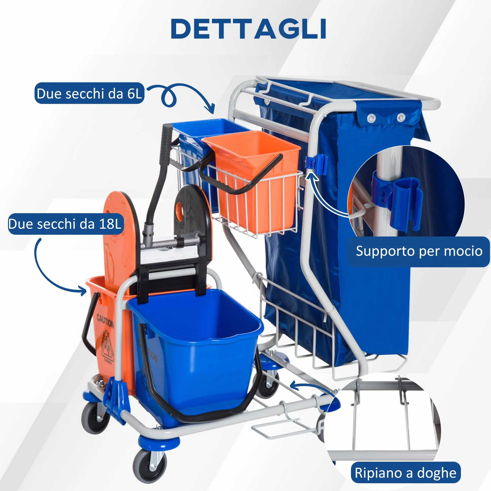HOMCOM Carrello Pulizie Professionale 2 Secchi 18L 6L Strizzatore Mocio Gancio Ruote 93x80x97 cm Arancione