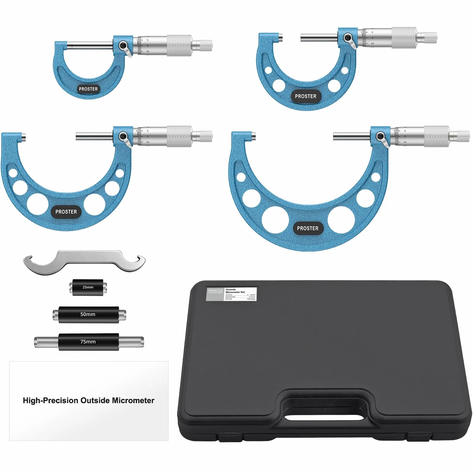 Proster Set di 4 Micrometri Esterni 0-100mm con Ghiera a Cricchetto, Incudini in Carburo, Custodia