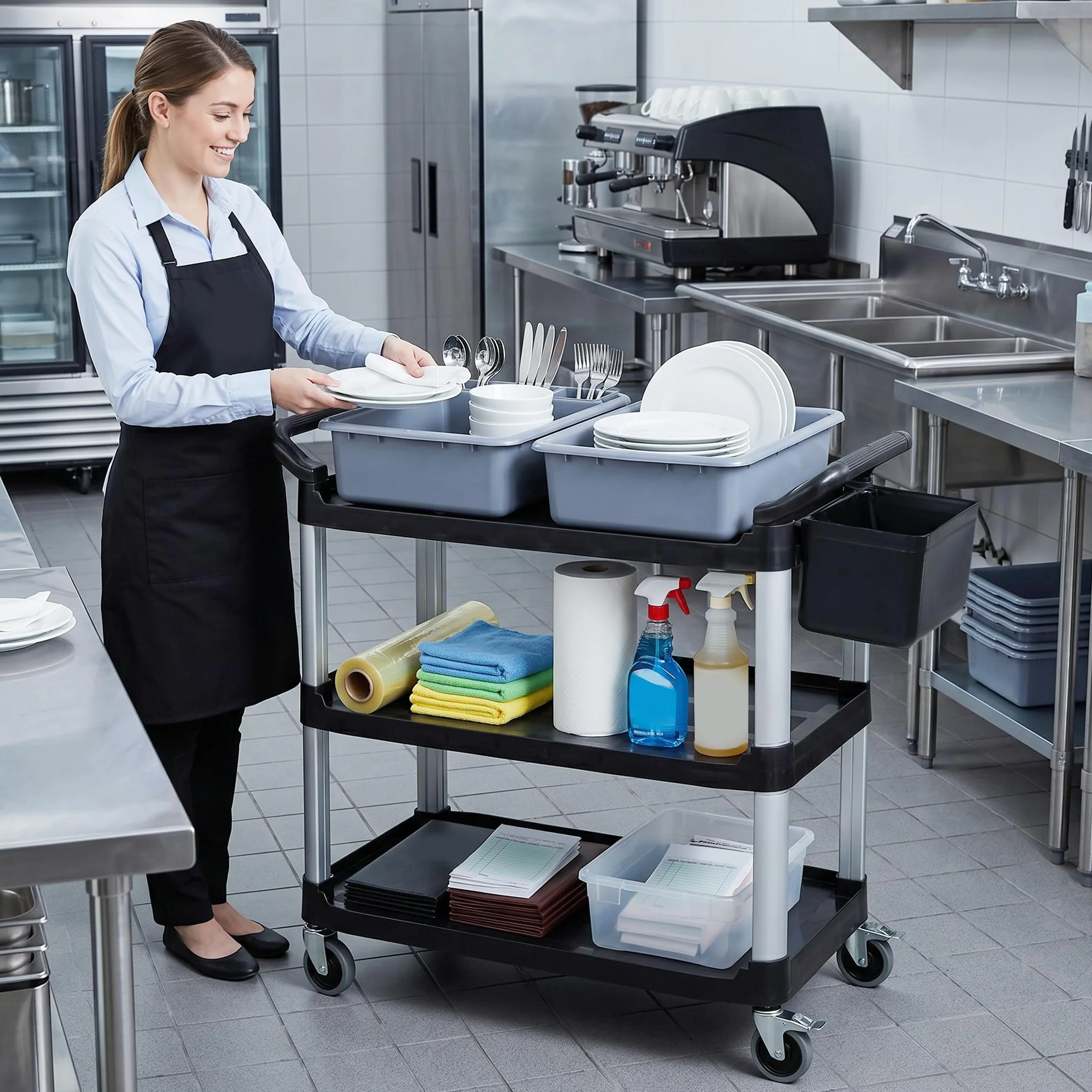 HOMCOM Carrello Pulizie Professionale 3 Ripiani Metallo Plastica 2 Contenitori Rimovibili Secchio Sospeso 4 Ruote Capacità 100kg 115x50x100 cm Nero