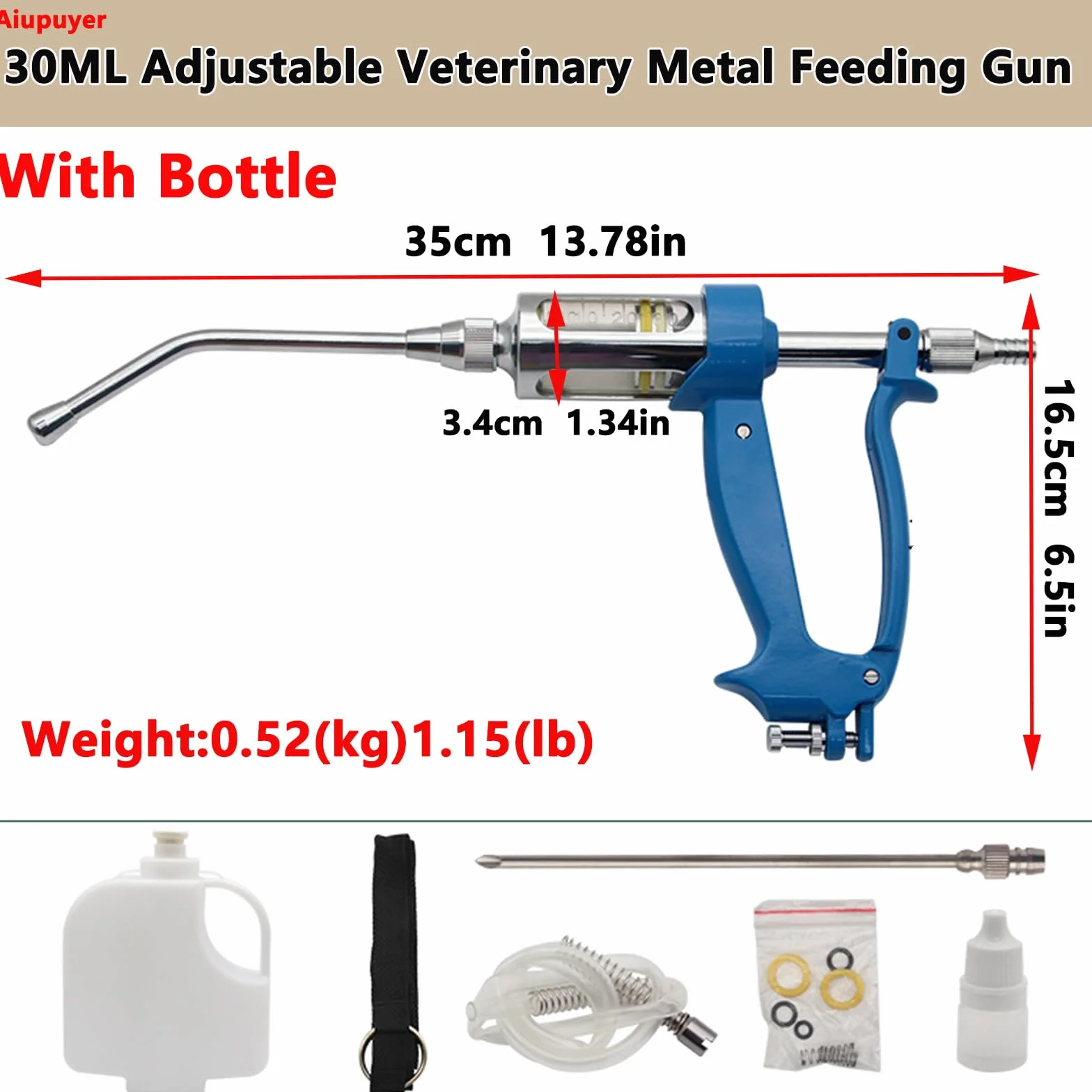 Pistola di Alimentazione Veterinaria Regolabile in Metallo 30 ML per Suini, Mucche, Pecore, Cavalli