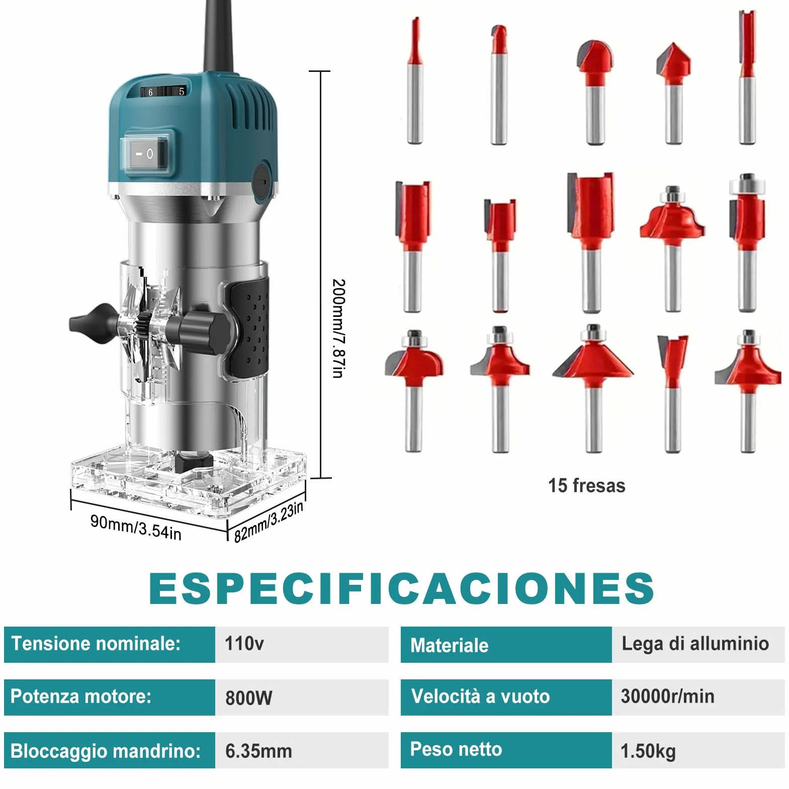 Rifilatore Fresatrice Verticale per legno, 800W 28000RPM Legno Rifilatrice Elettrica, 6.35mm Mandrino 6 Velocità Variabili Elettrica Fresatrice Palmare Con 15 pezzi 1/4" Fresatura Cuter