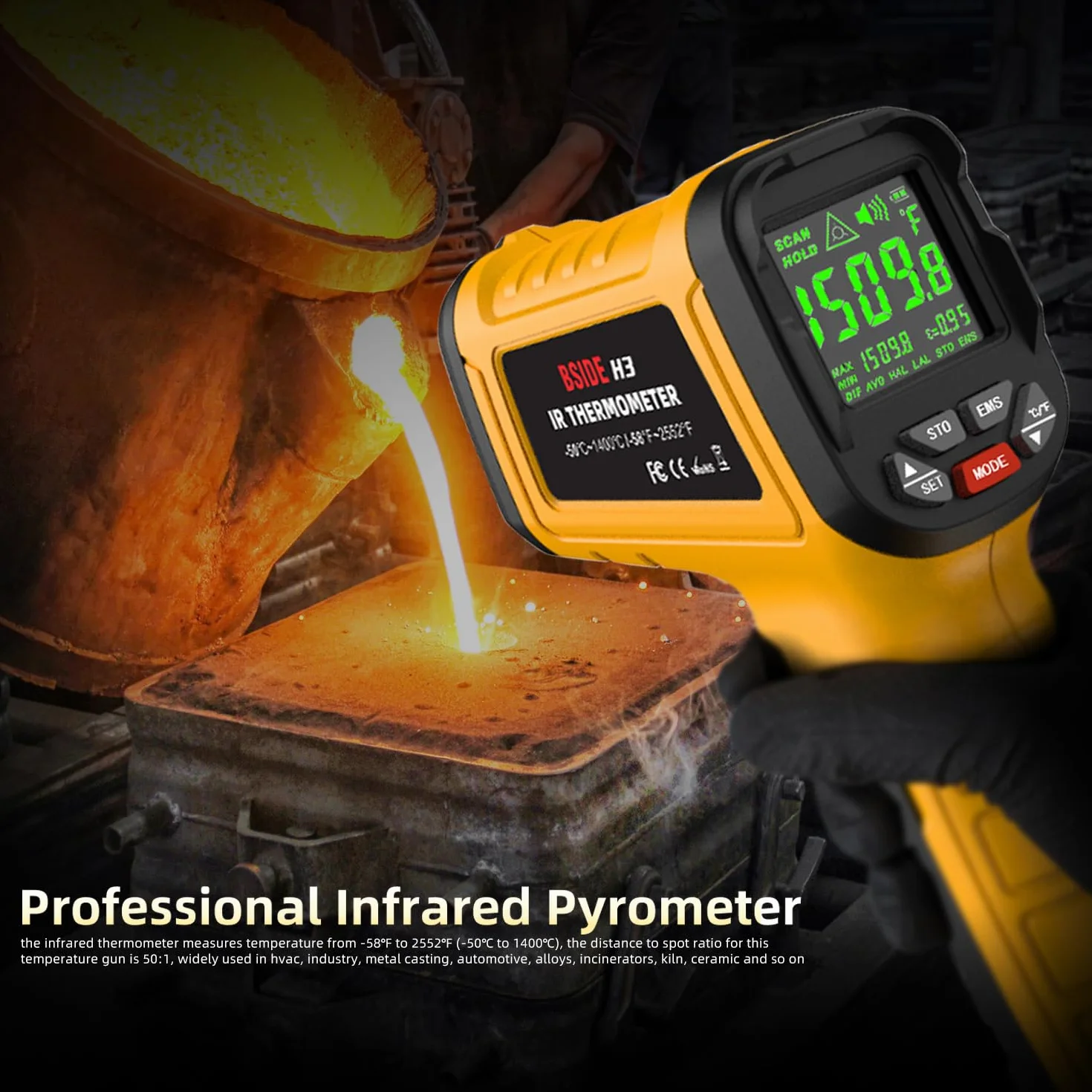 BSIDE H3 Termometro Infrarossi -58℉~2552℉ (-50℃~1400℃) 50:1 Pirometro Digitale con LCD a Colori Memoria Allarme Pistola Laser Temperatura