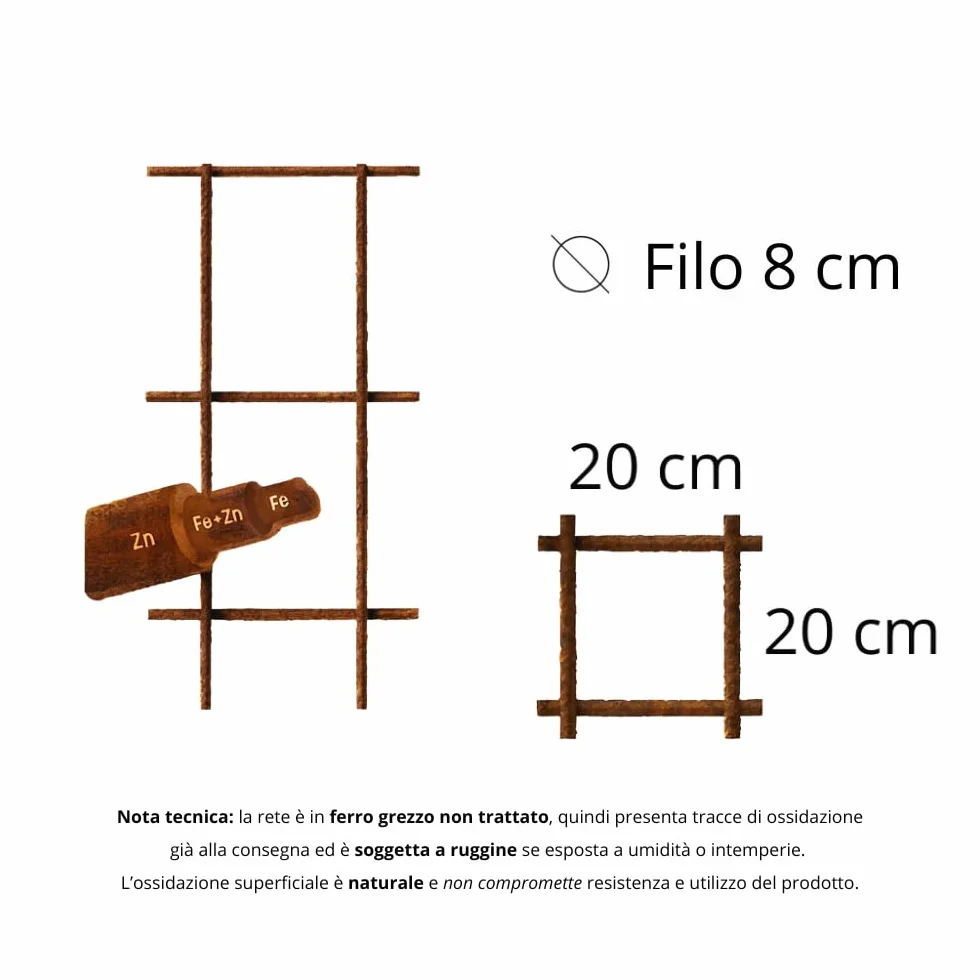 FORTUNATO Set Rete Elettrosaldata Filo Ferro Grezzo Ø 8 mm Maglia 20x20 cm Foglio 1,5x1 m 10 sztuk