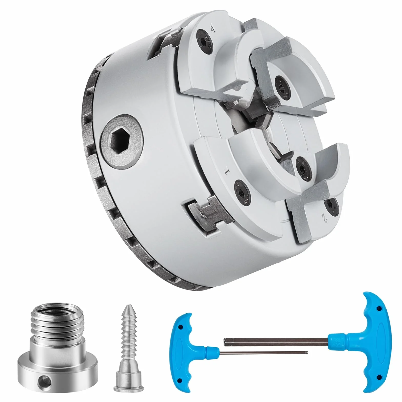 VEVOR Mandrino per Tornio per Legno φ70mm Mandrino per Tornio a 4 Griffe KP2-3/4 Mandrino per Tornitura di Legno, Utensile Autocentrante con Chiave a T per Rettifica Fresatura, Grey