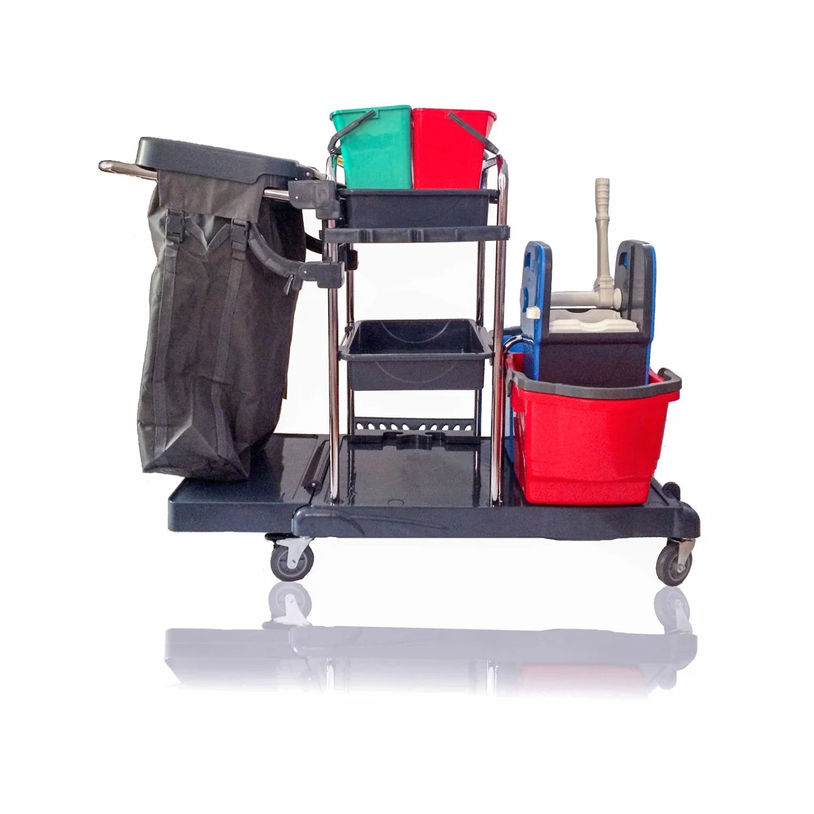 Mr. Mop Carrello Pulizie Lavapavimenti 4 Cuscinetti a Sfera Ruote Orientabili 4x6 l Secchio 2x24 l Spremi Scopa a Frange 2 Ripiani Portaoggetti 1 Ripiano e Supporto Sacco Spazzatura