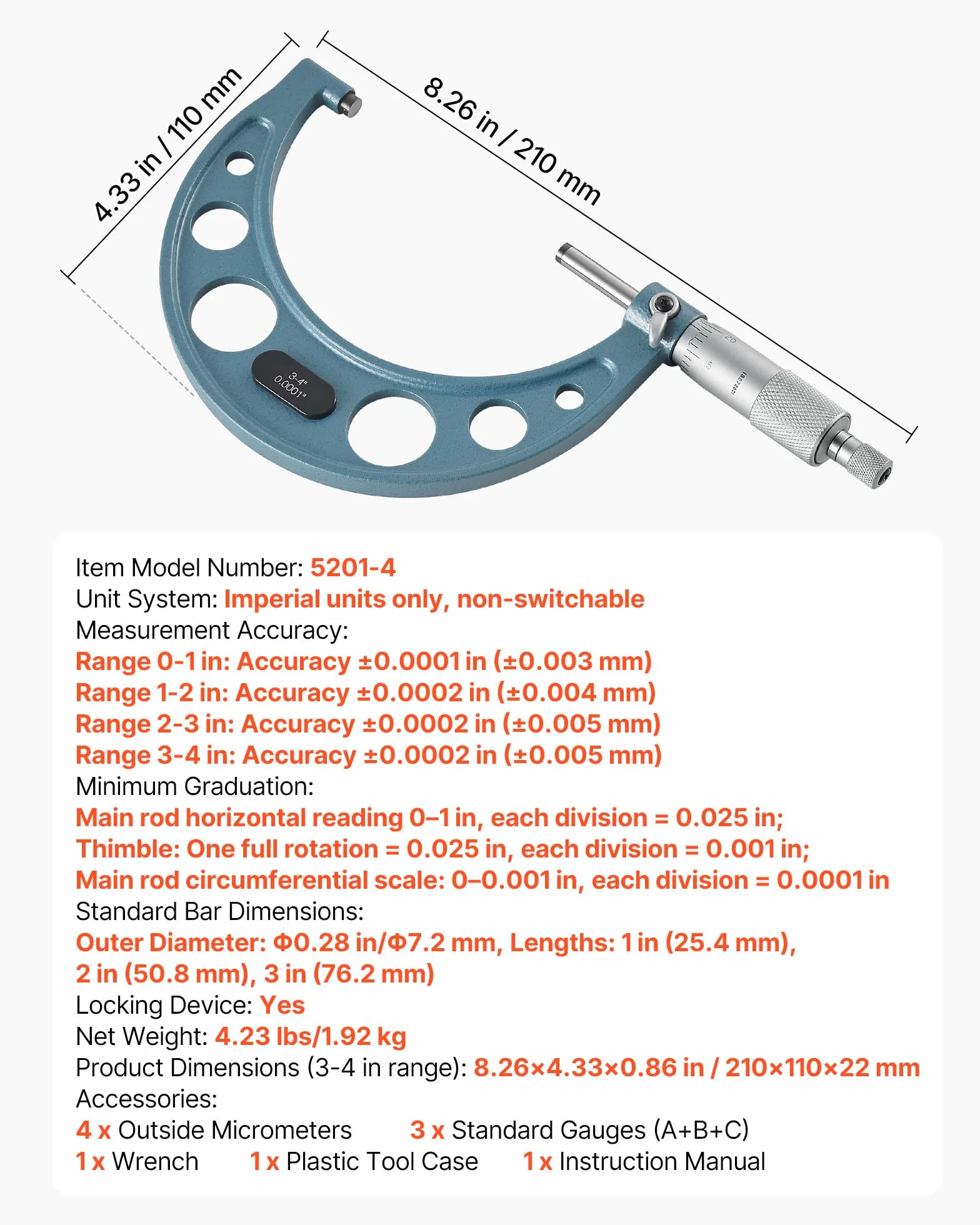 VEVOR Set di Micrometri da 4 Pezzi, Micrometro Esterno 0-4 pollici, Kit per Macchinisti con Custodia