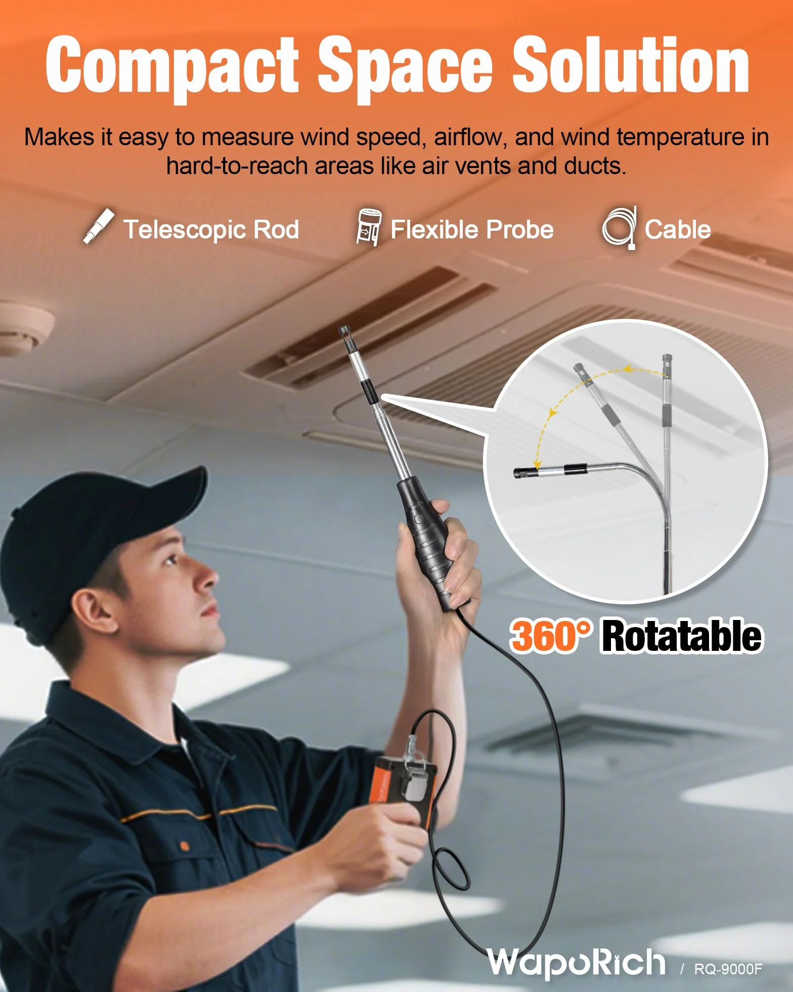 WapoRich RQ-9000F Anemometro a Filo Caldo Portatile, 0,1-30 m/s, 0-999.900 CFM/CMM/CMS, Display MAX/MIN per Condotti HVAC