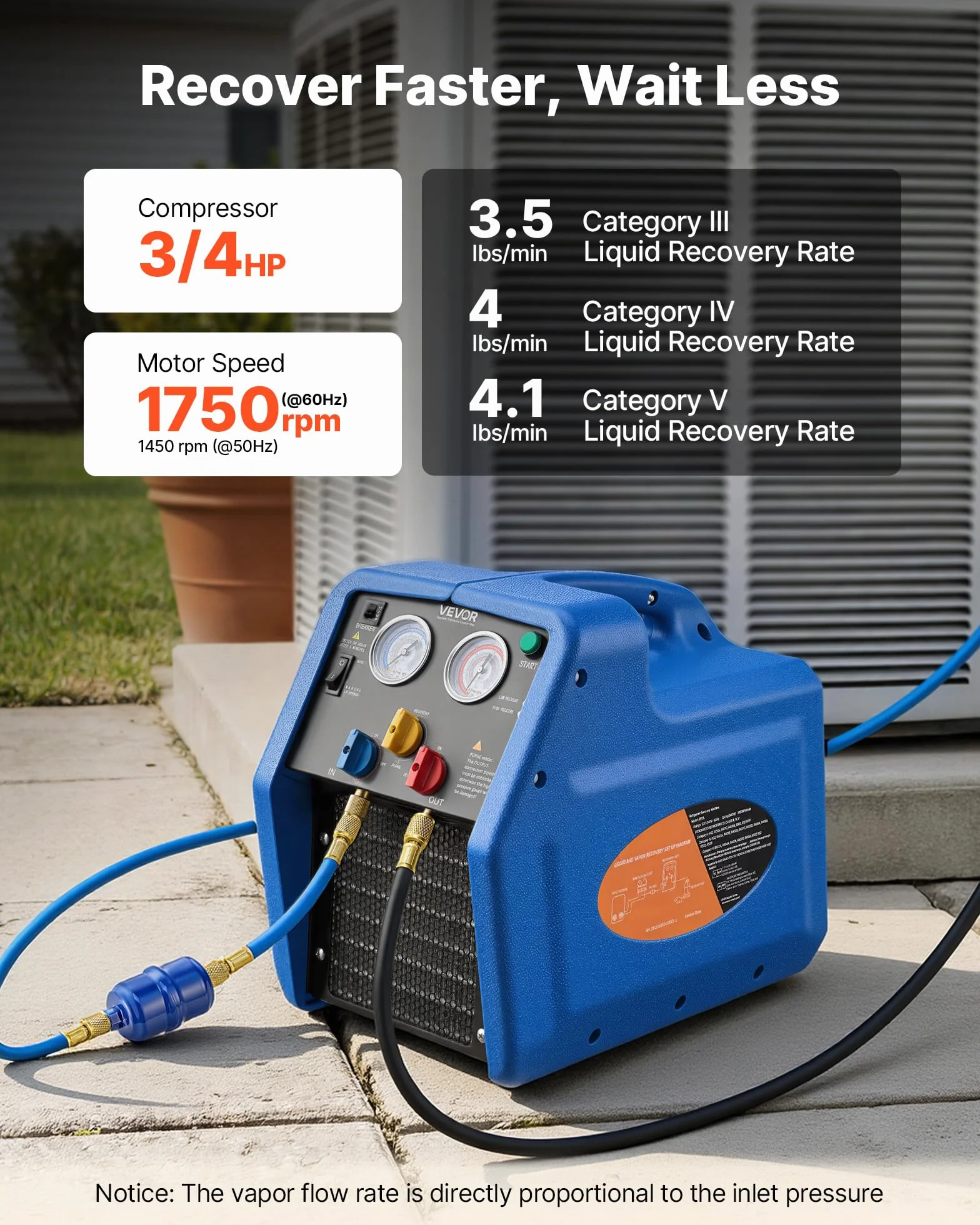 VEVOR Stazione di Recupero Refrigerante Portatile 3/4 CV Macchina Monocilindrico 1450 giri/min 0-40 ℃