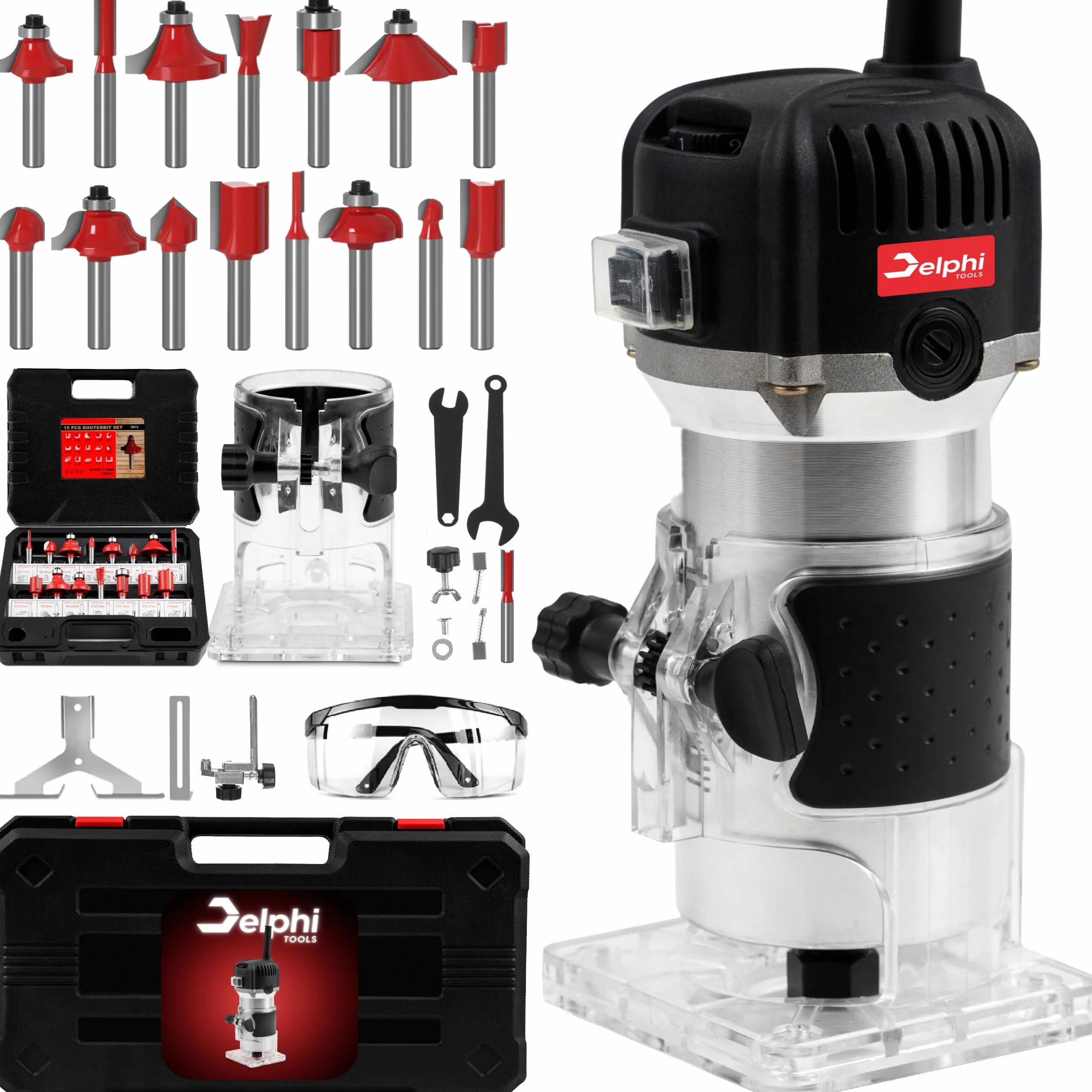 DELPHI Fresatrice Verticale Per Legno 800W 330000 R/MIN Con 15 pezzi Mandrino 6.35mm - Legno Rifilatrice Elettrica Router Legno Elettrica Rifilatrice Per Legno Con Custodia 25 Accessori SET